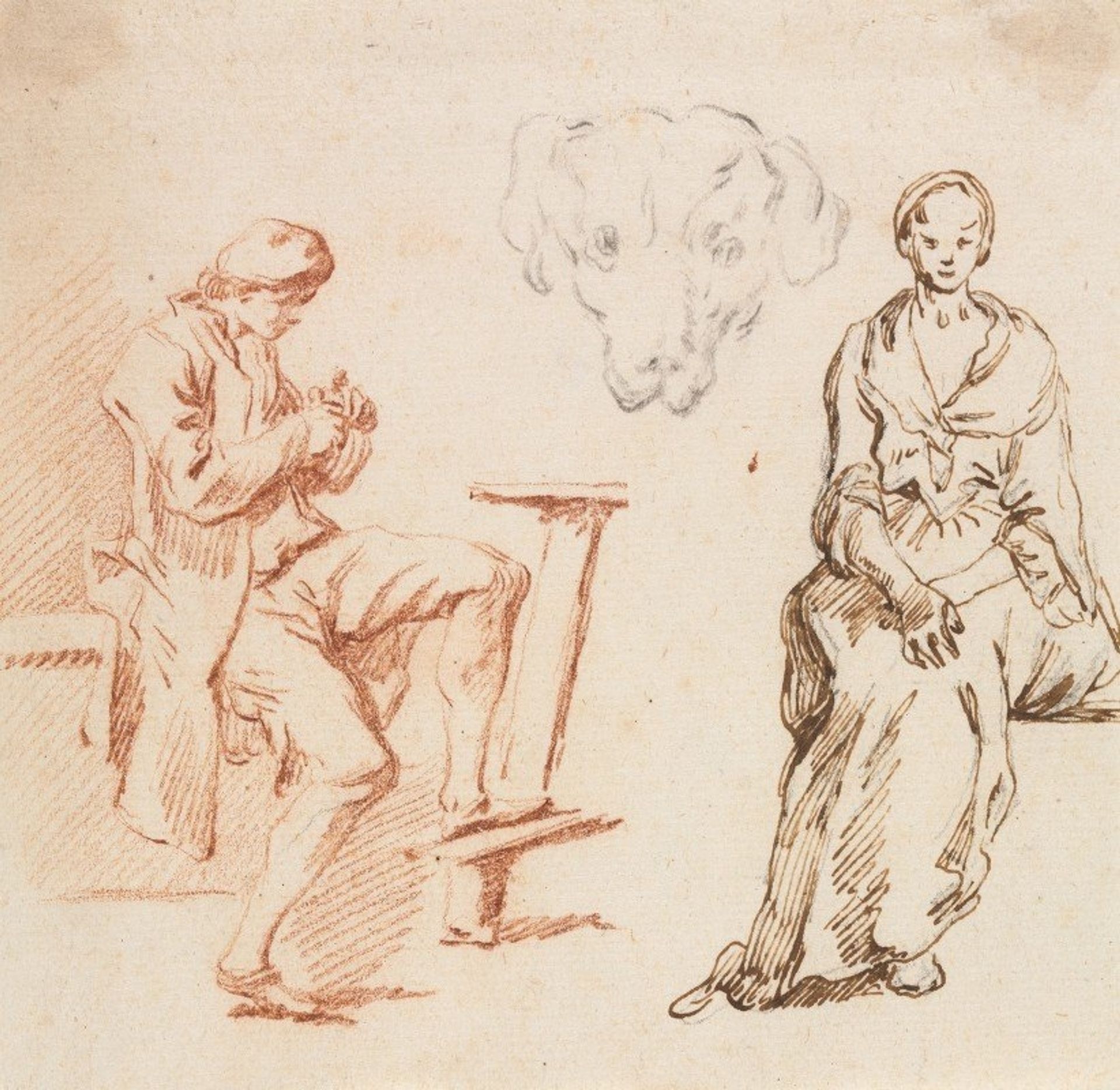Sheet of Studies: Seated Man, Head  of a Dog, Seated Woman by Claude-Joseph Vernet