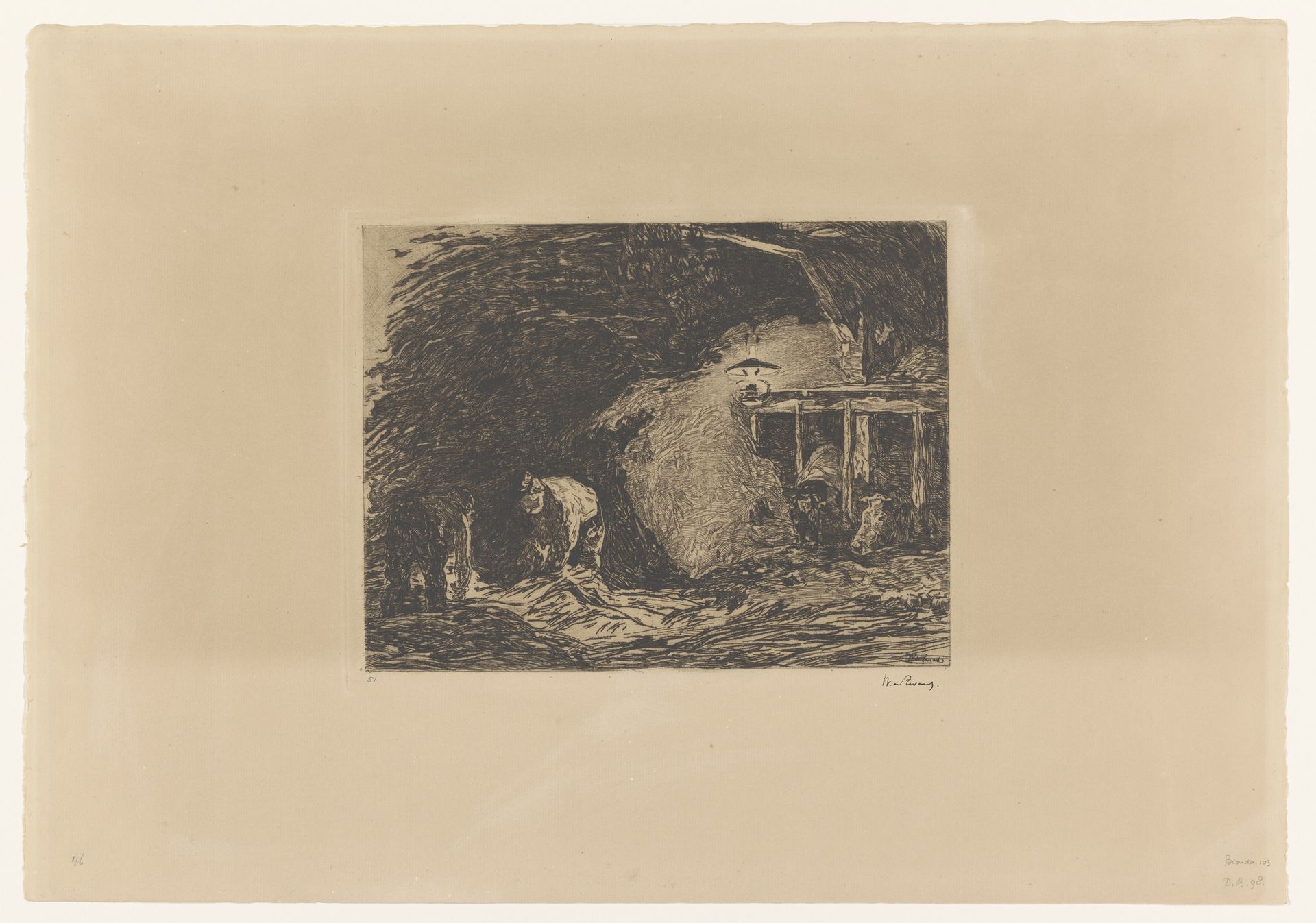 Stalinterieur bij lamplicht by Willem de Zwart