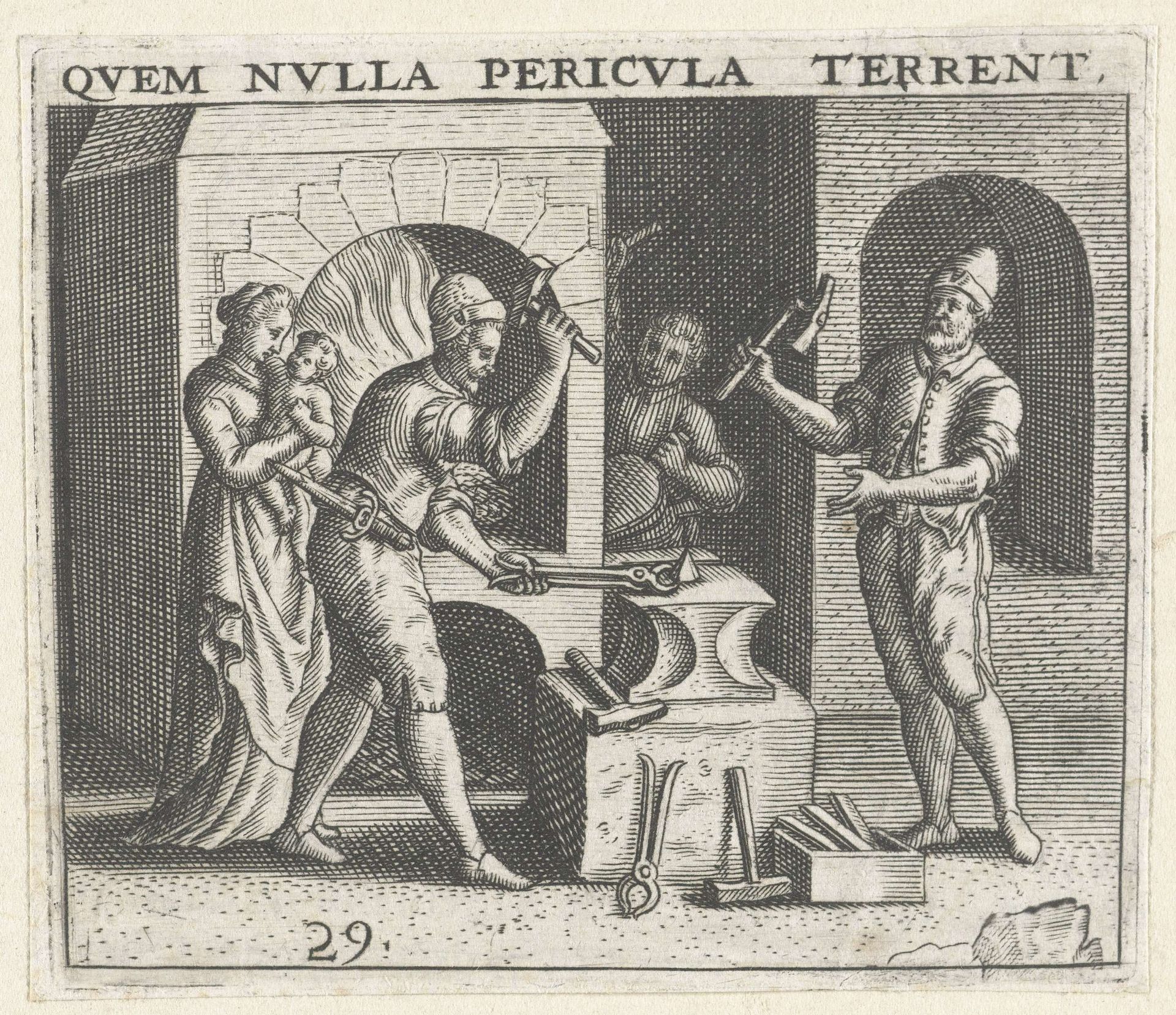 Vrouw met kind in een smidse by Theodor de Bry