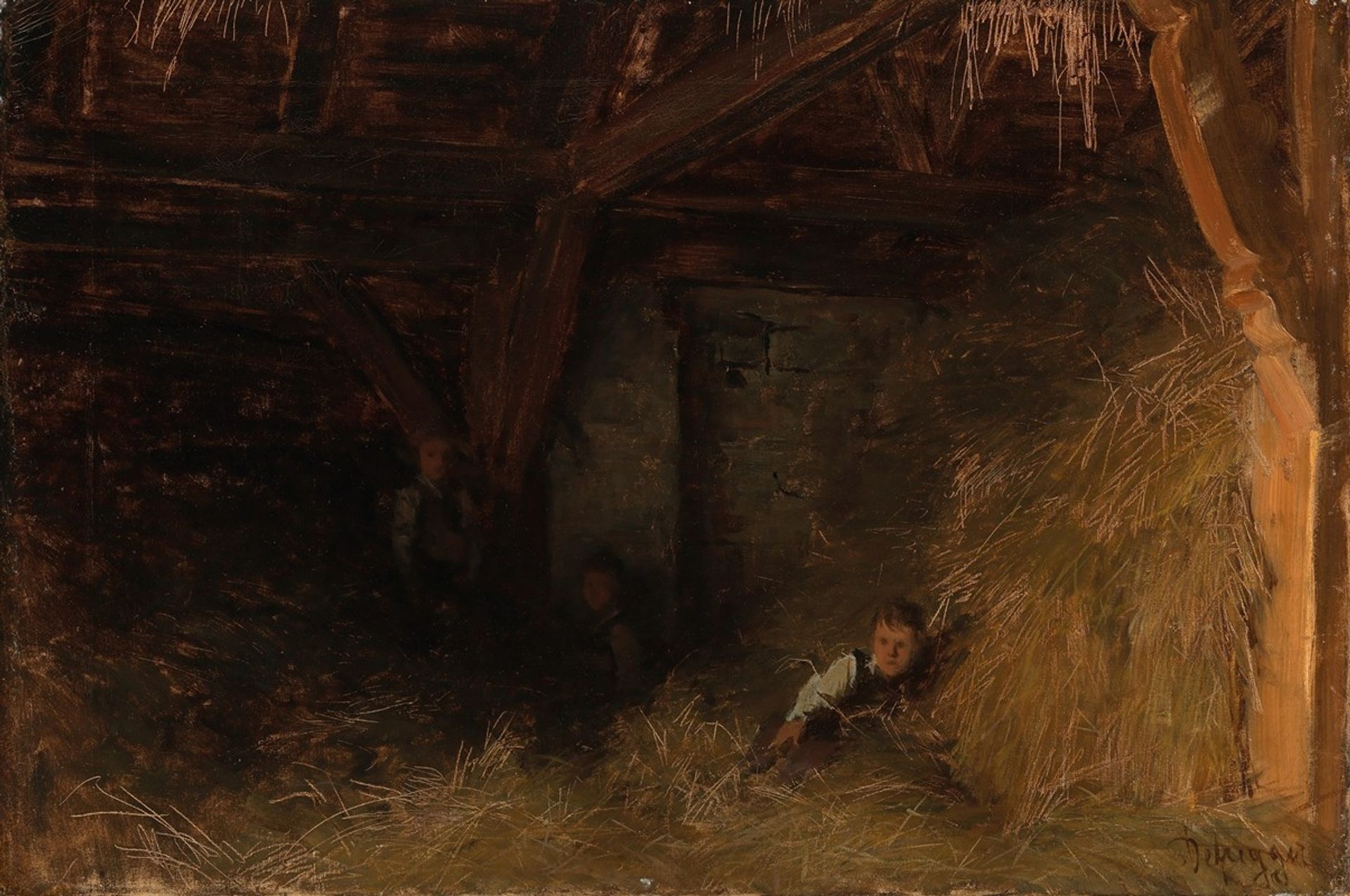 Three Boys in the Straw by Franz von Defregger