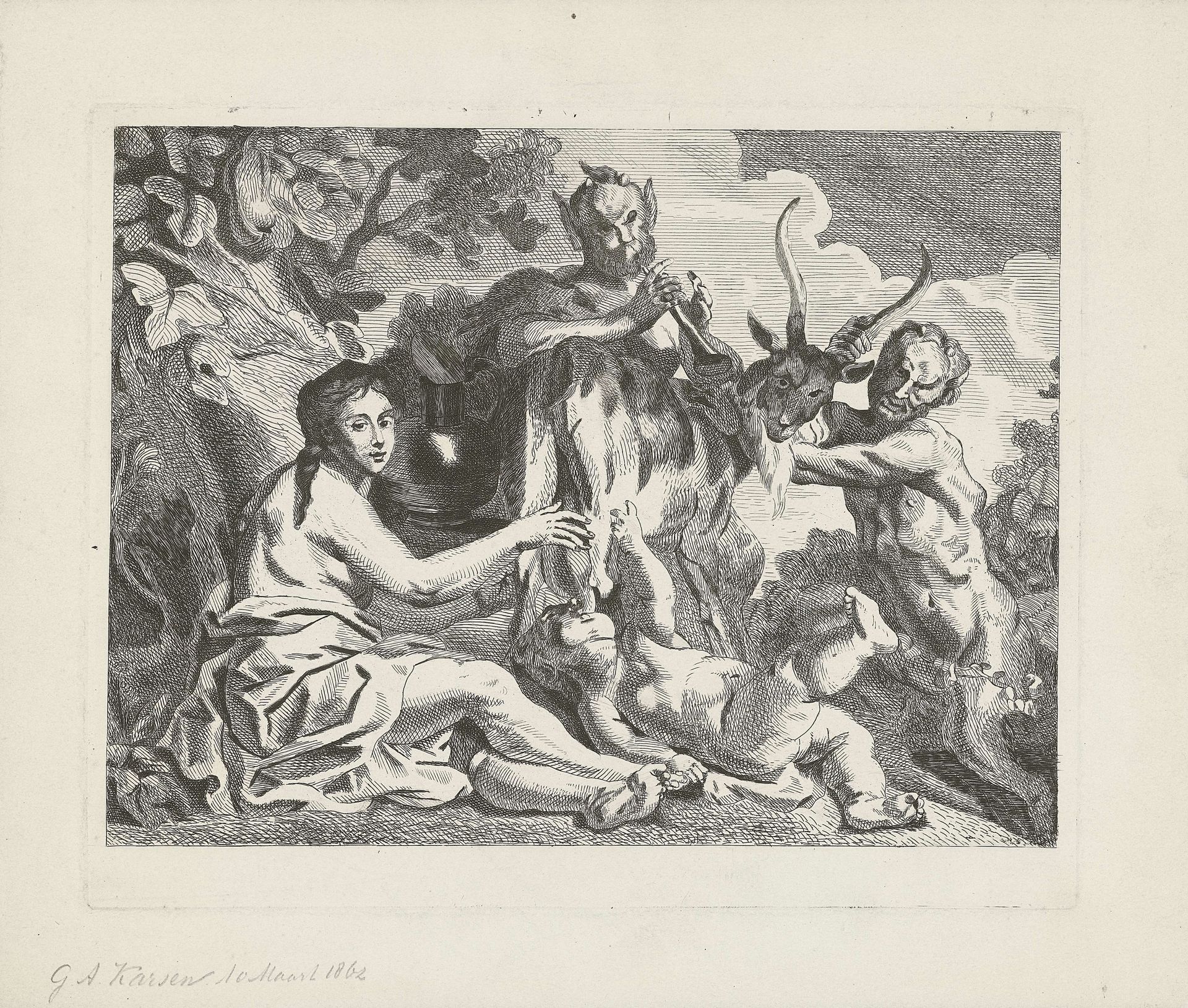 Het kind Jupiter wordt gevoed door de geit Amalthea by George Andries Karsen