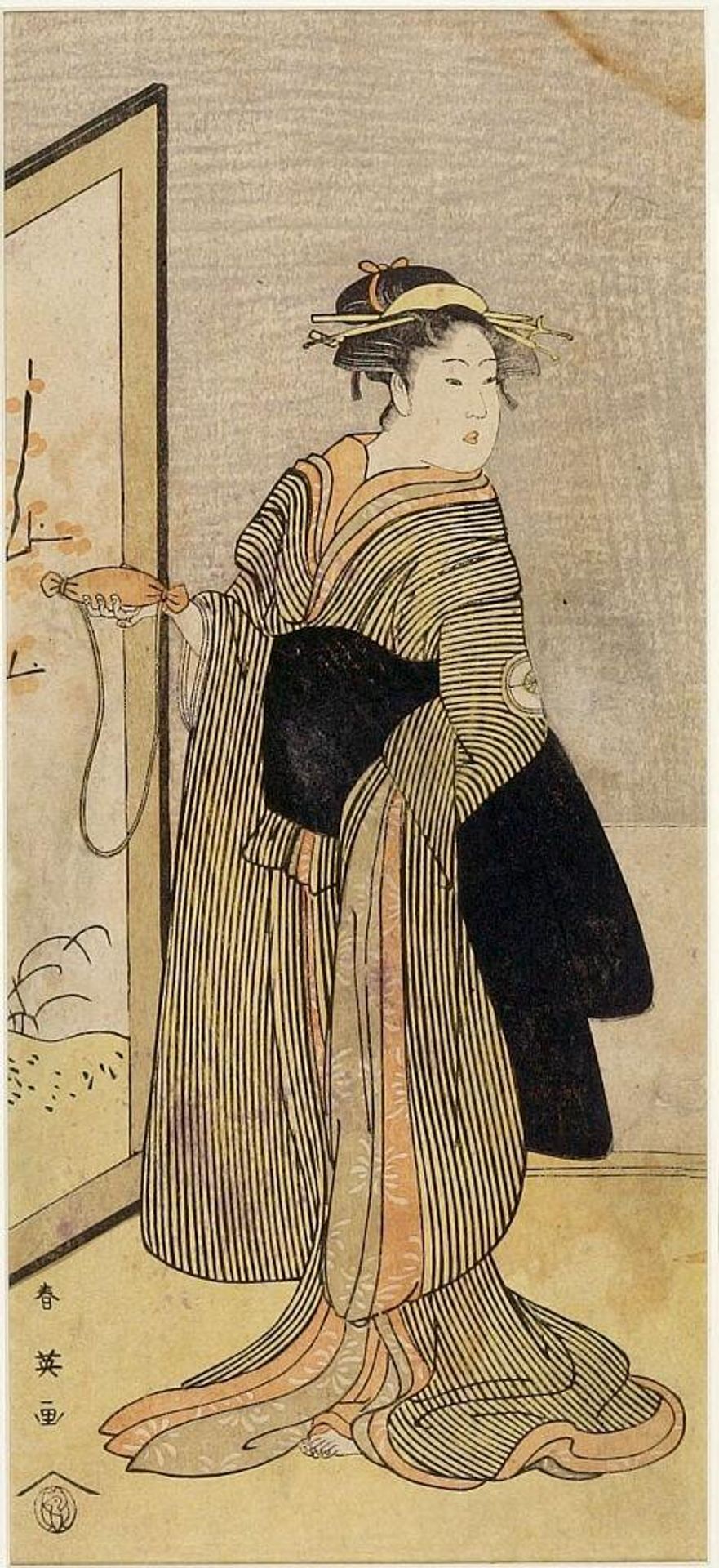 WOMEN IN BLACK AND YELLOW STRIPED KIMONO by Katsukawa Shun'ei