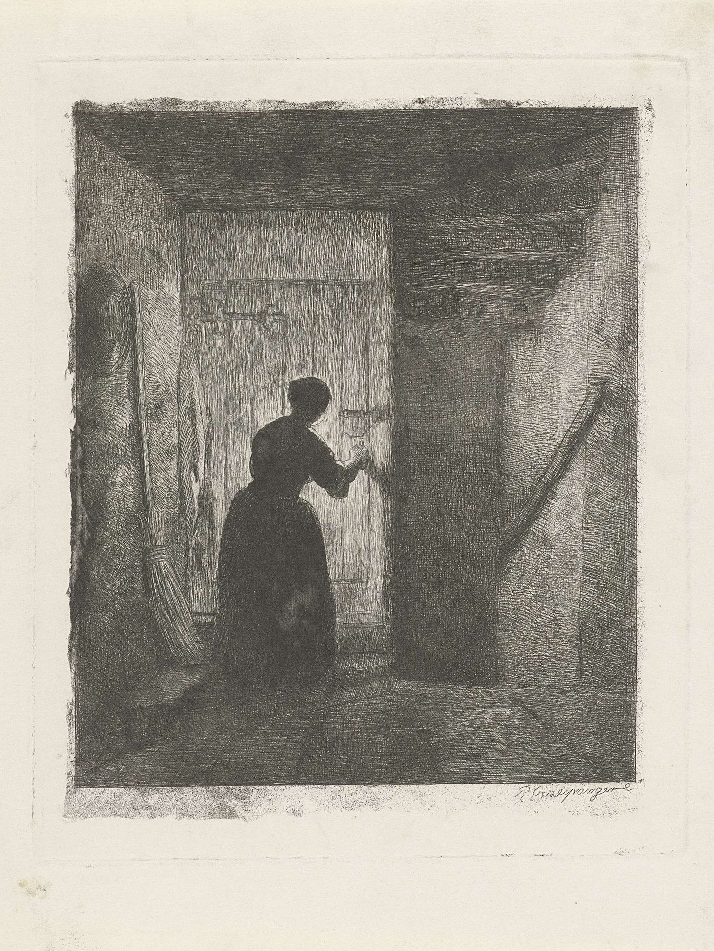 Vrouw voor een deur by Reinier Craeyvanger