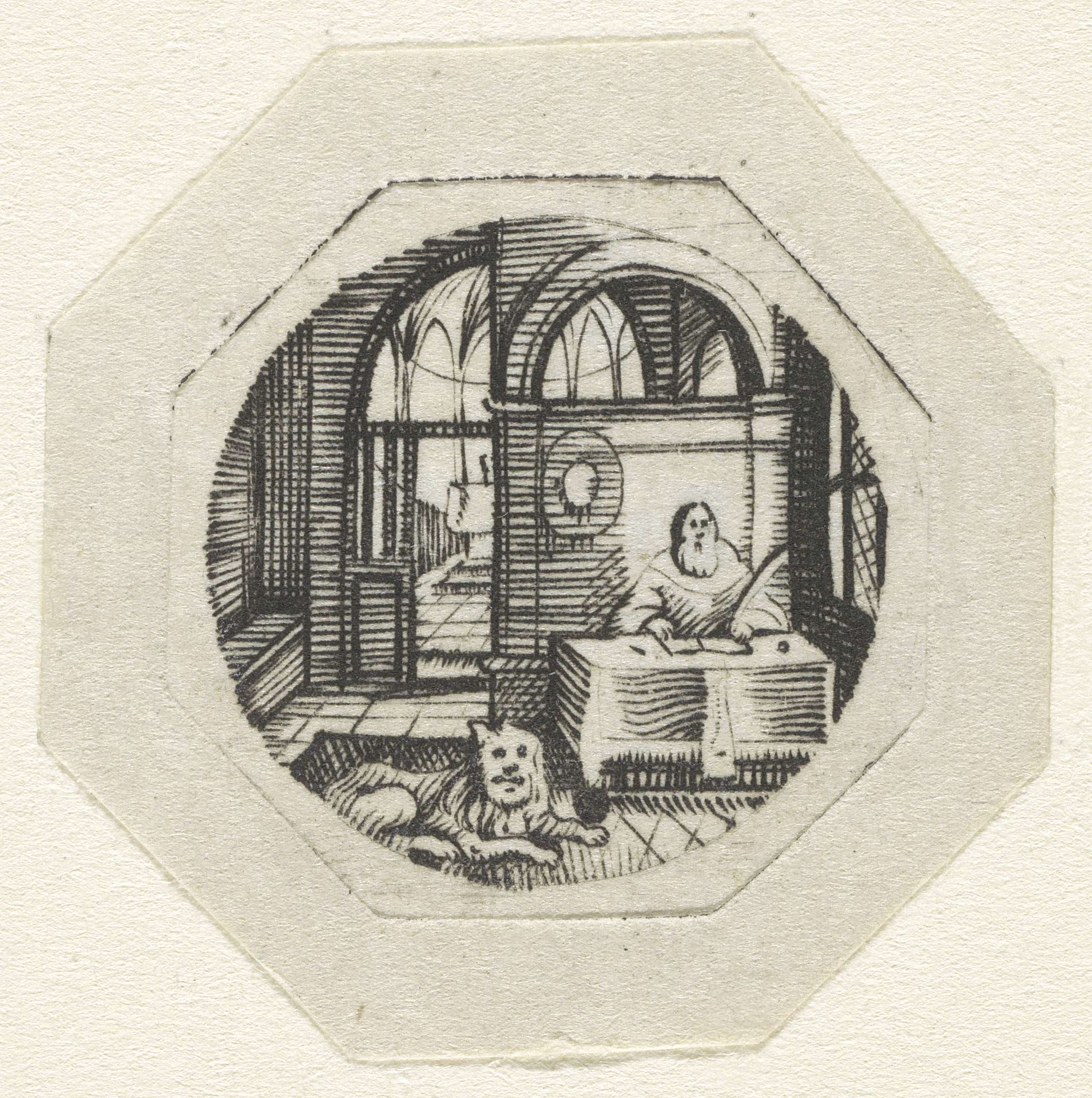 Schrijvende kerkvader Hieronymus in een interieur by Isaac Walraven