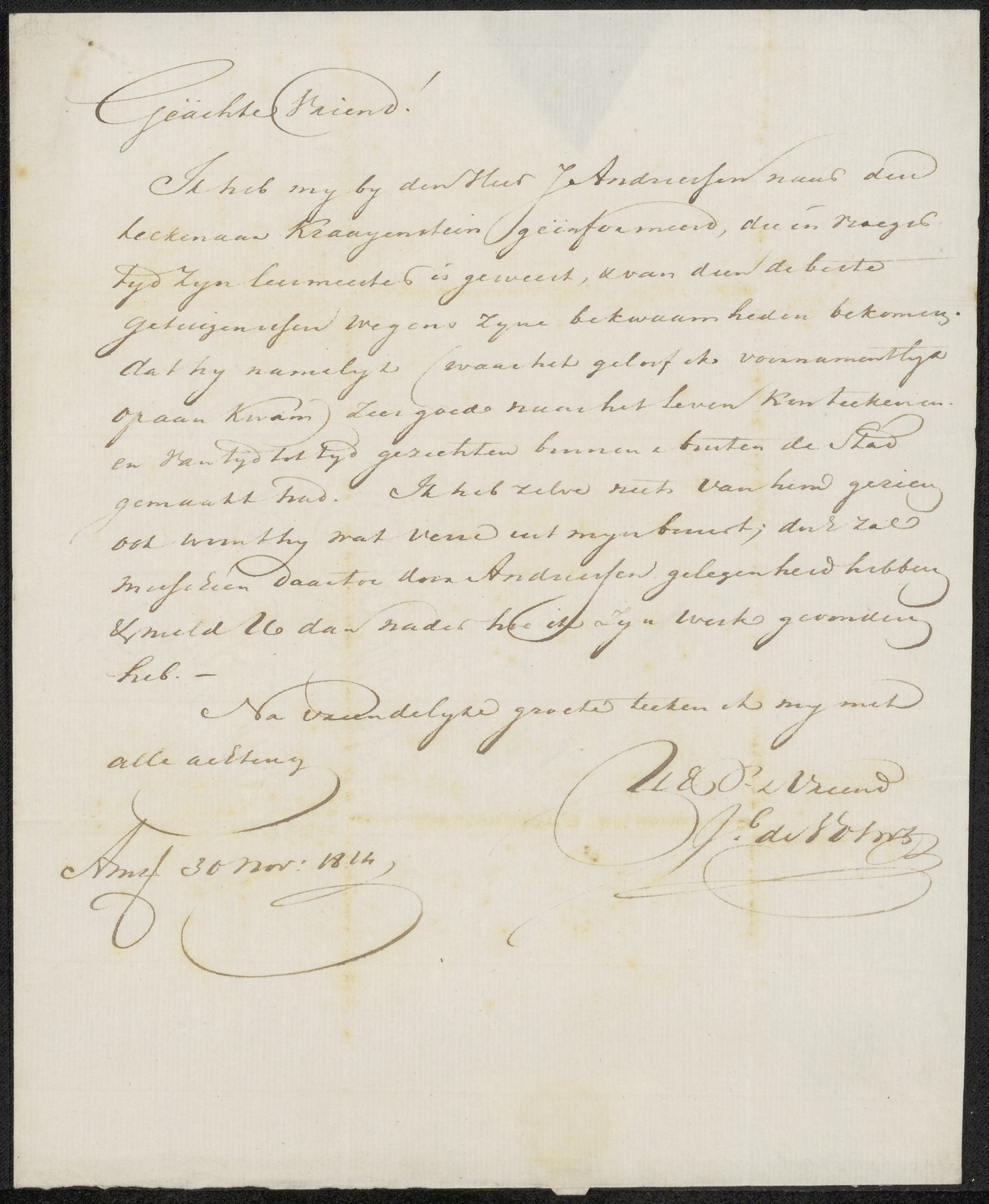 Brief aan Adriaan van der Willigen by Jacob de Vos Willemsz.