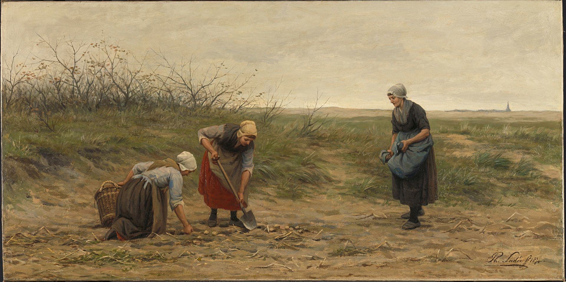 Scheveningse vrouwen bij het nalezen van een gerooid aardappelveld by Philip Sadée