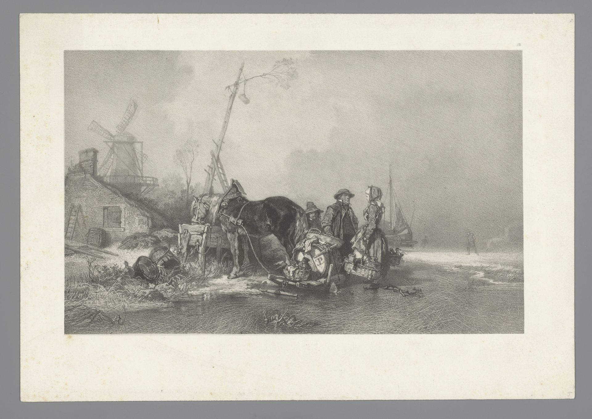 Schaatsers en man met paard en slee in winters landschap by Adolphe Mouilleron
