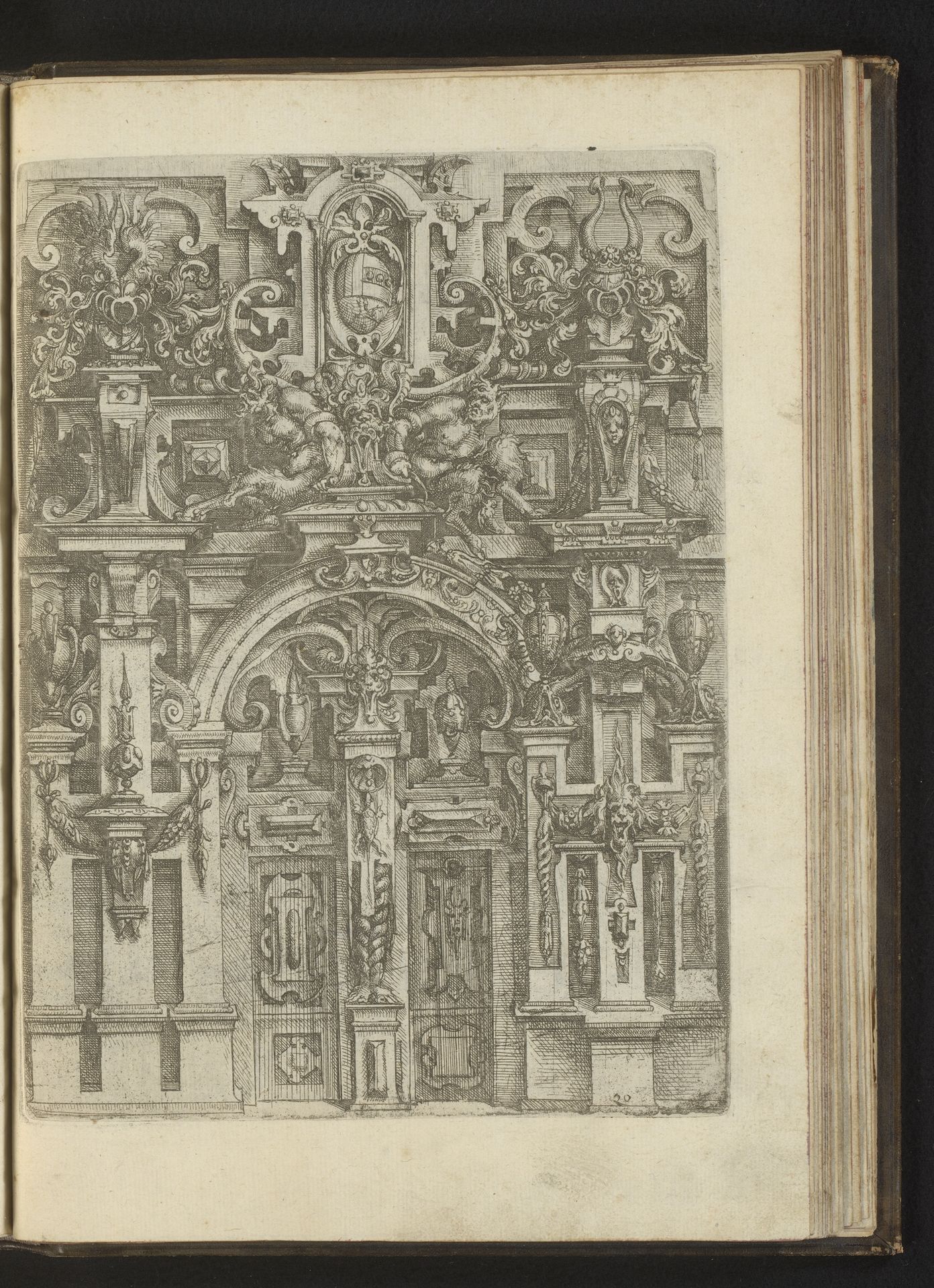 Portaal gedecoreerd met guirlandes, mascarons, helmen en saters by Wendel (I) Dietterlin