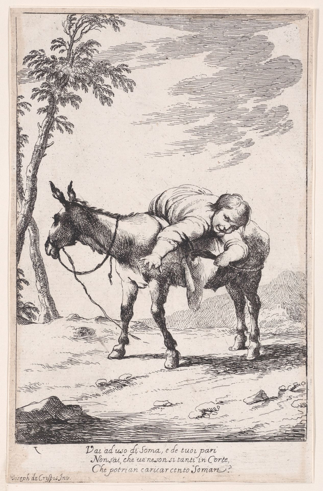 Plate 7: Bertoldino lying on a donkey, from "Bertoldo, Bertoldino, and Cacasenno" by Giuseppe Maria Crespi