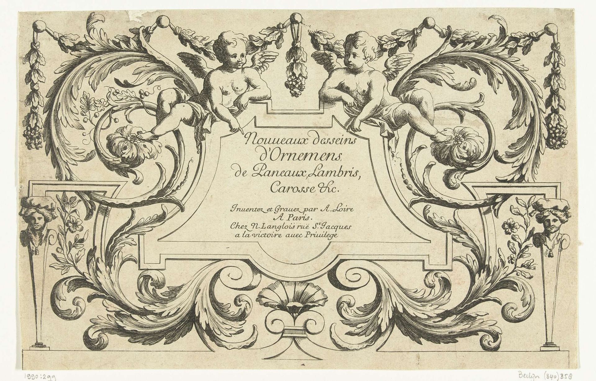 Titelblad: Nouveaux desseins d'Ornemens de Paneaux, Lambris, Carosse &c. by Alexis Loir