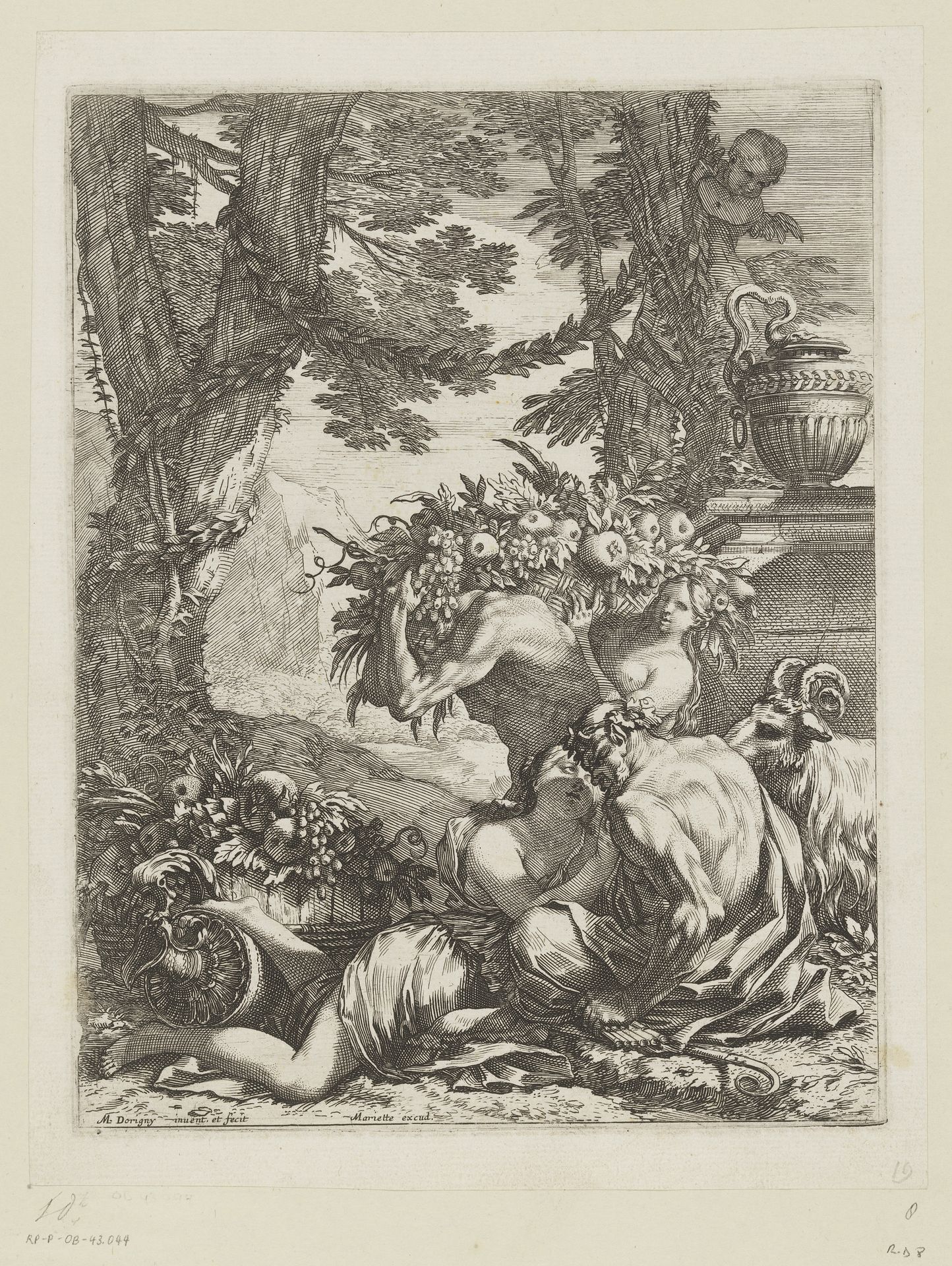 Pan met bacchante en vruchtenkorfdragers by Michel Dorigny
