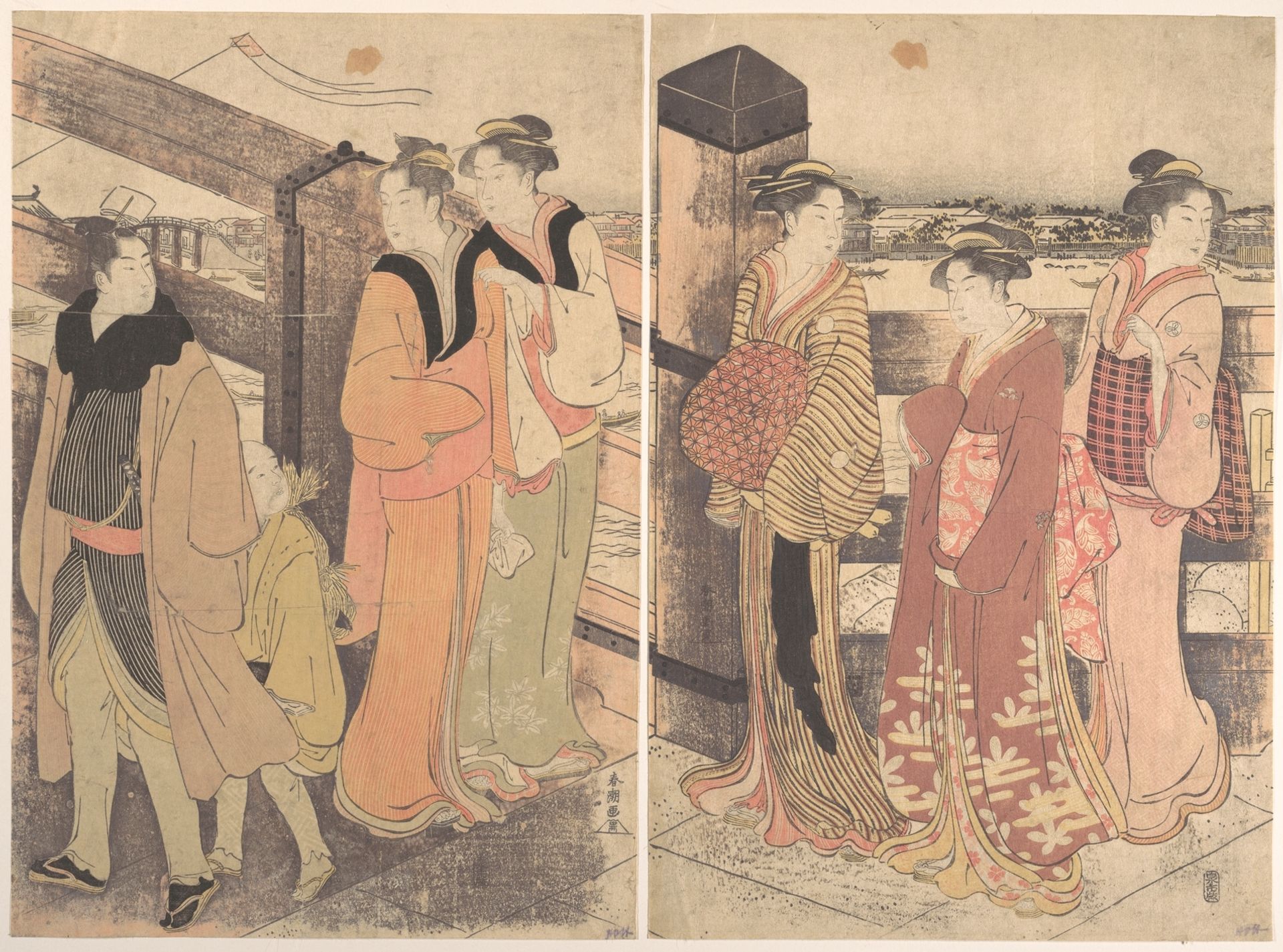 A Group of Women, One Man and a Boy on a Bridge by Katsukawa Shunchō