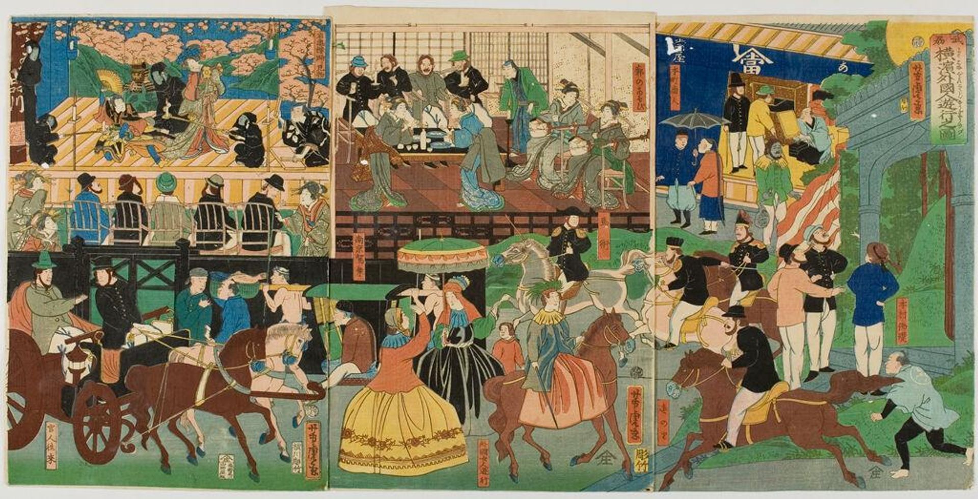 Triptych: View of the Amusements of the Foreigners in Yokohama, Bushu (Bushu Yokohama gaikokujin yÅ«kyÅ no zu), published by Yamadaya ShÅjirÅ by Utagawa Yoshitora
