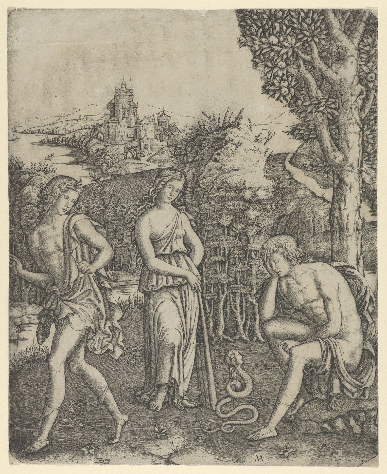A young man sitting at right resting his head in his hand, a snake with a womans head before him, a young woman holding a  pan pipes standing in the centre and a young man leaving at left by Marcantonio Raimondi
