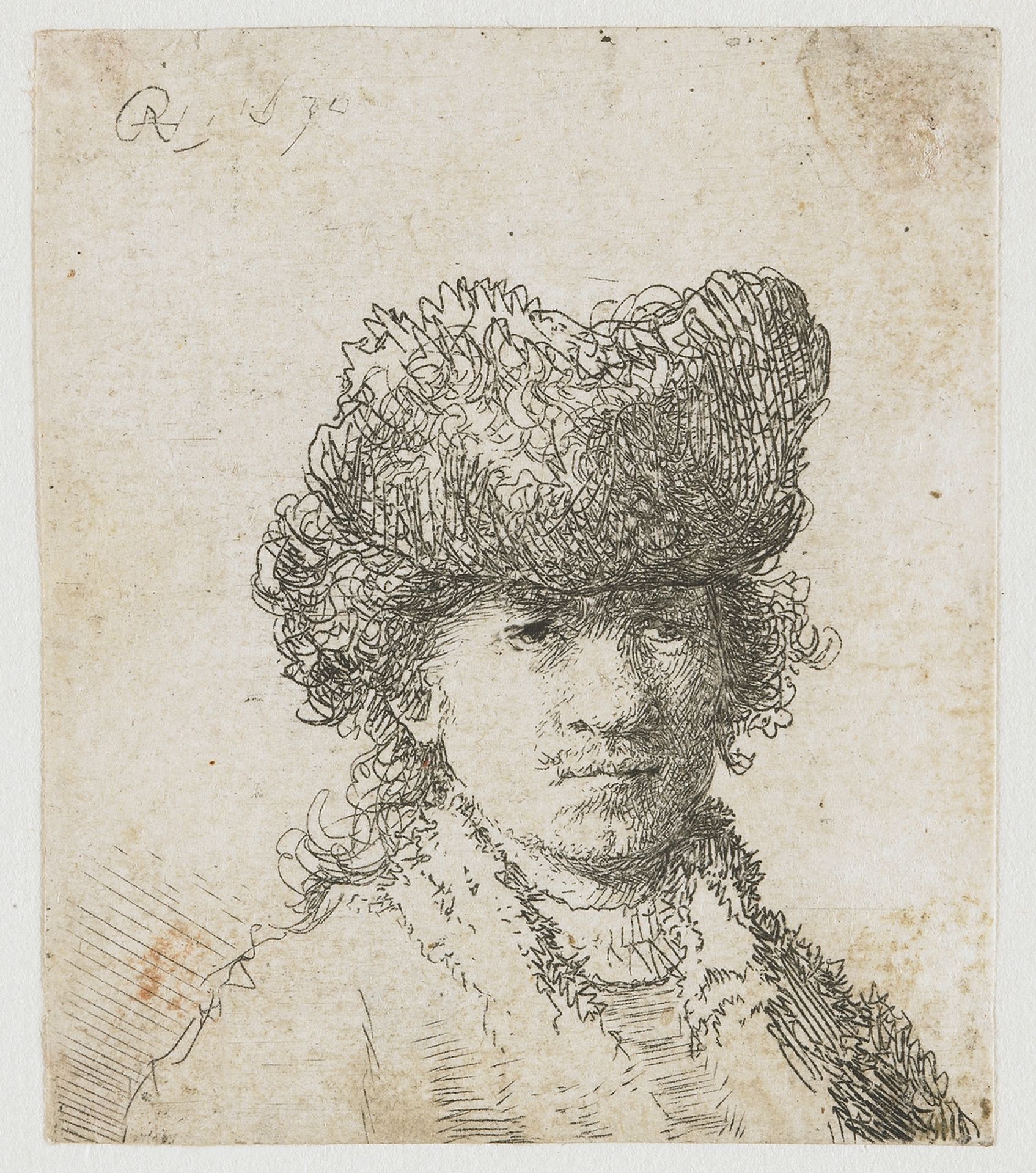 Self-portrait in a fur cap bust by Rembrandt van Rijn