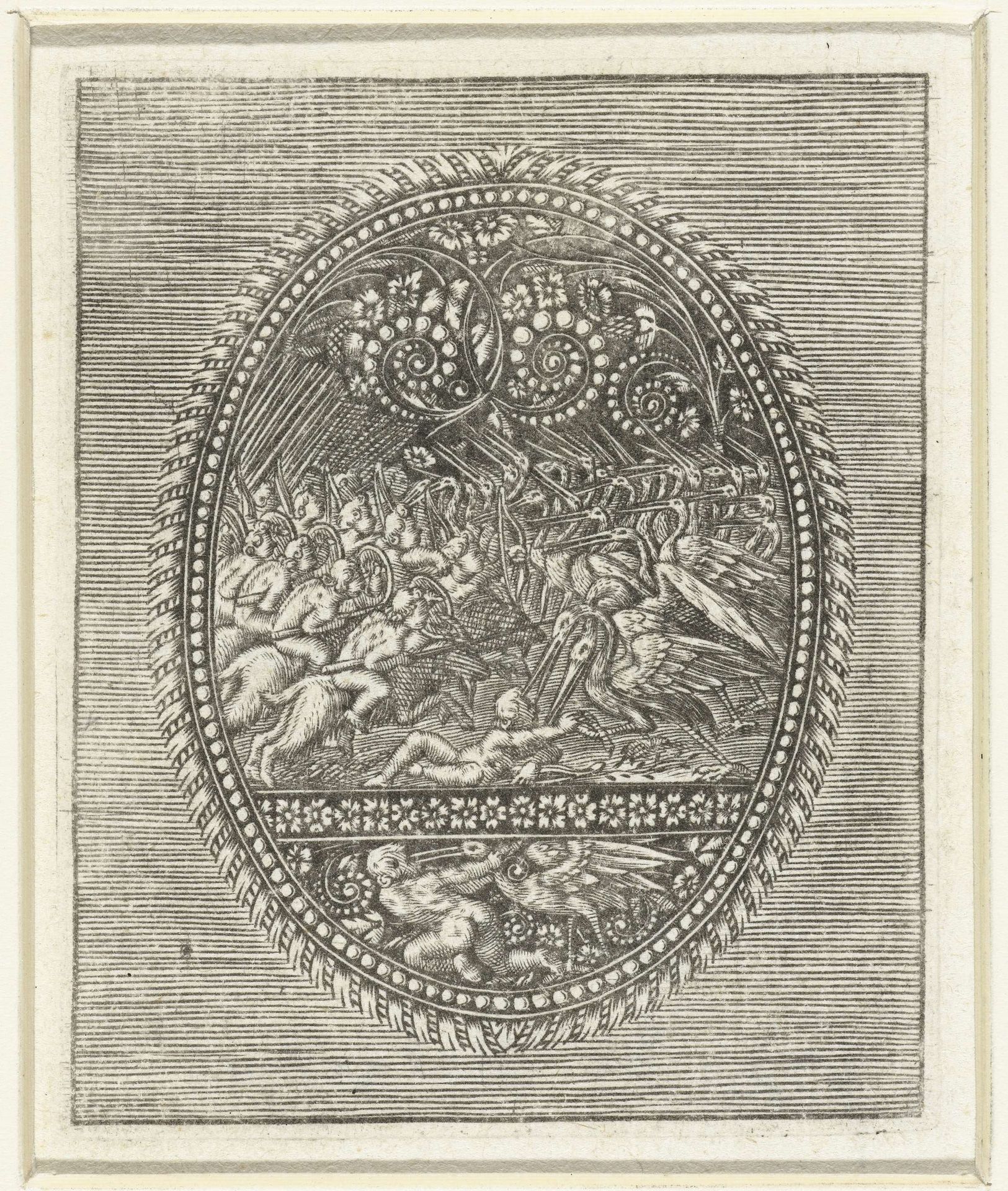 Ovaal medaillon met strijd tussen kinderen op geiten en reigers by Antoine Jacquard