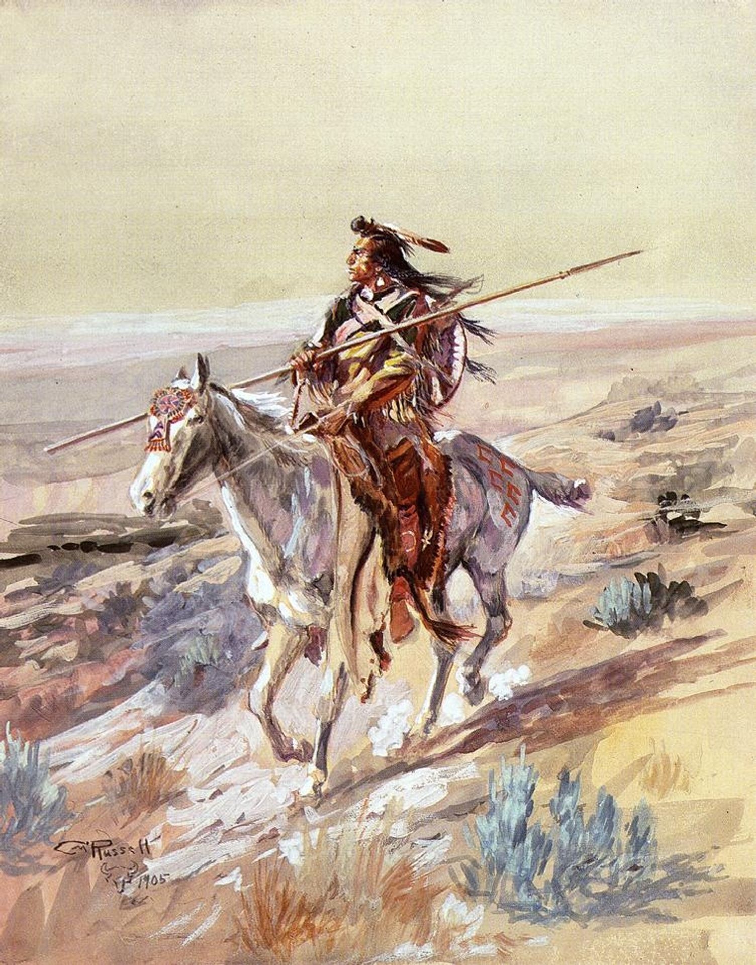 Indian with Spear by Charles M. Russell