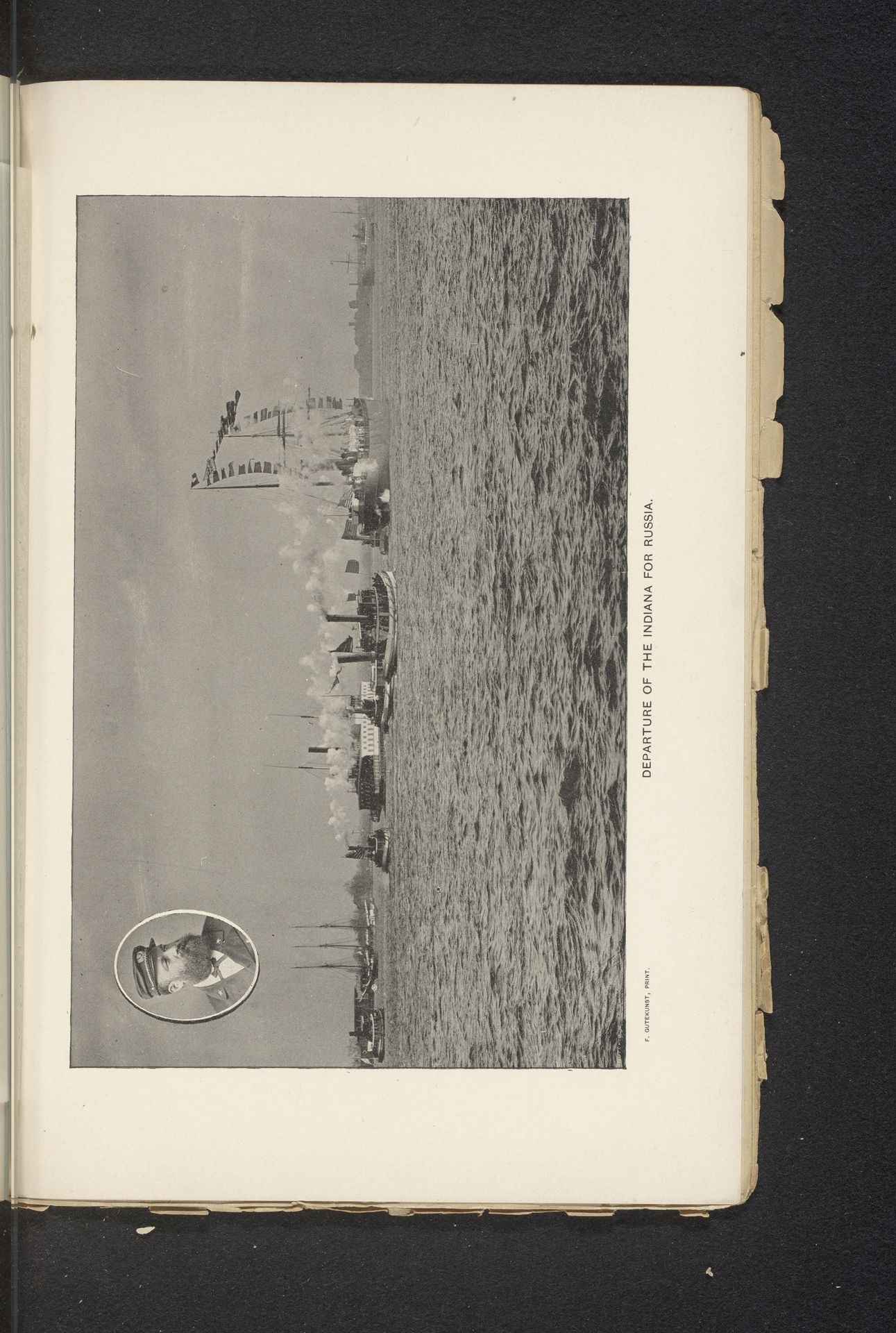 Stoomschepen en zeilschepen op open water, met in de linkerbovenhoek een vignet met portret van een onbekende man by Anonymous