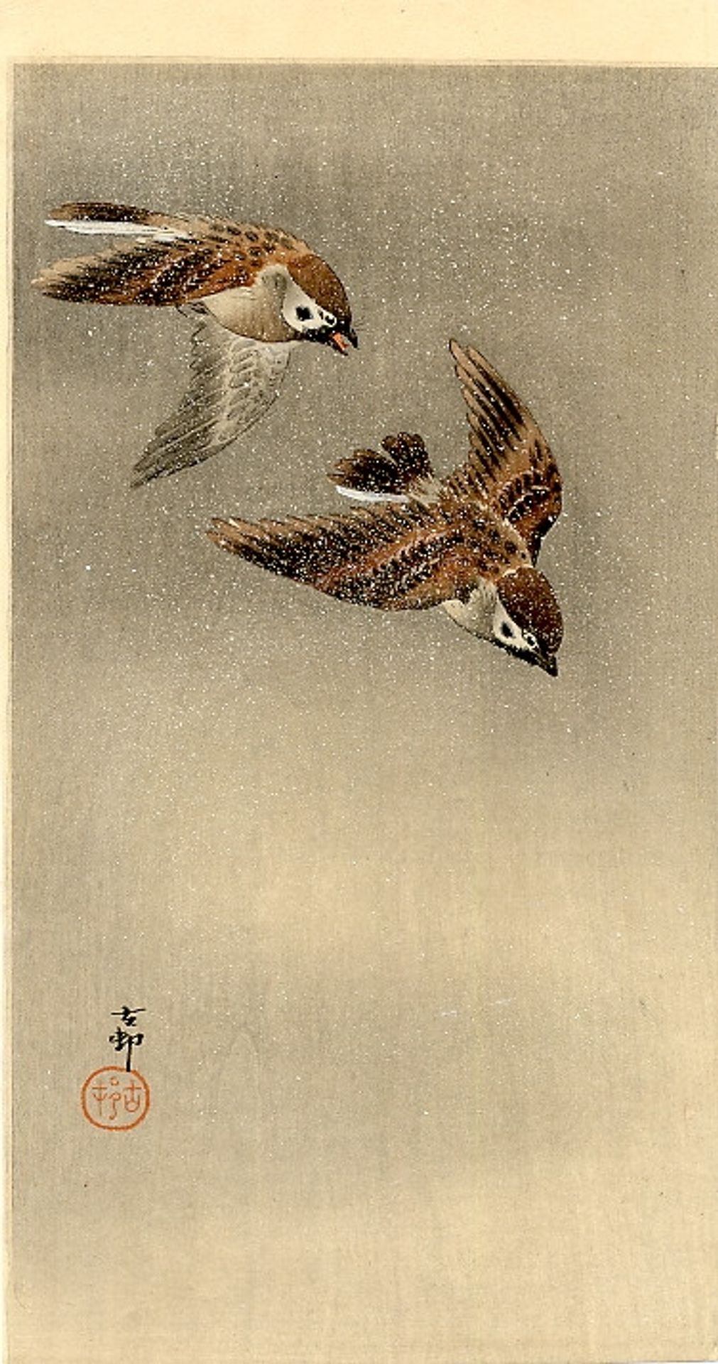 Two sparrows in flight by Ohara Koson
