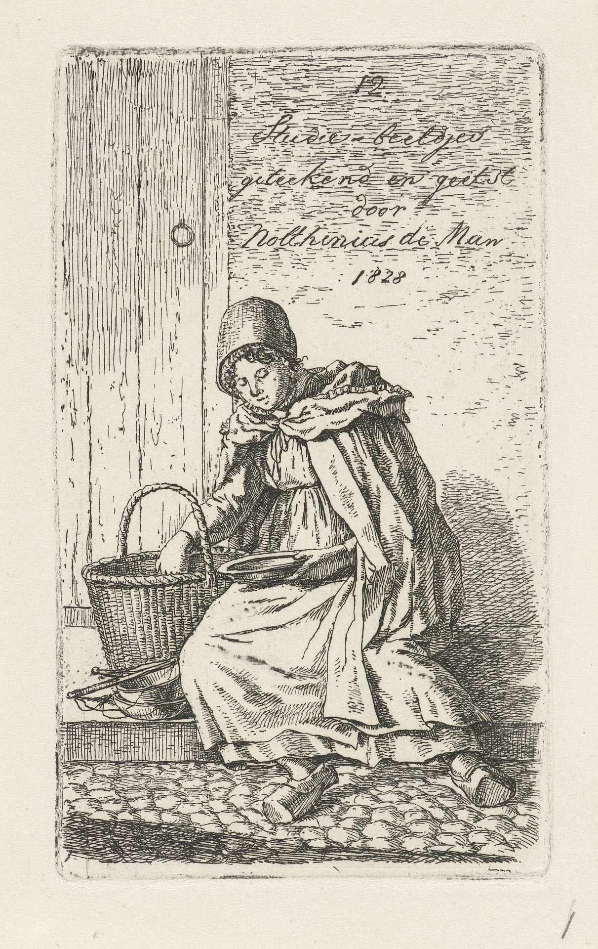 Zittende vrouw met mand en bord by Anthonie Willem Hendrik Nolthenius de Man