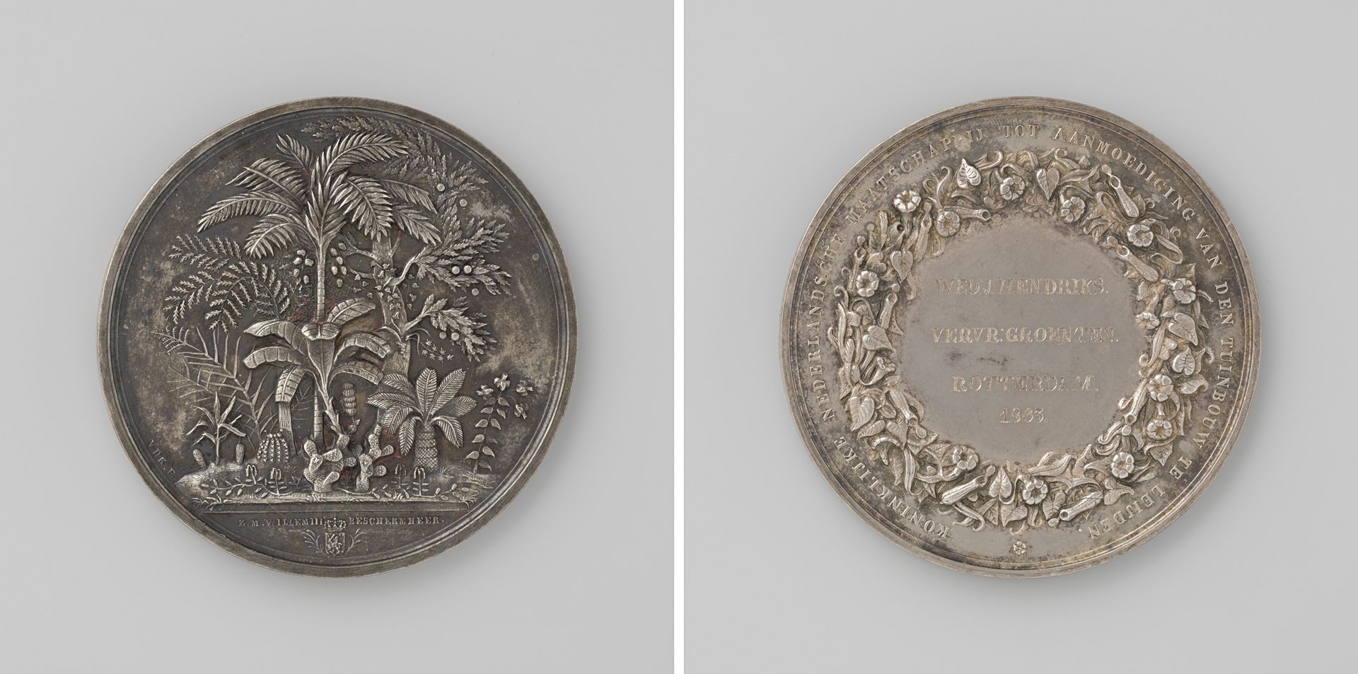 Koninklijke Nederlandsche Maatschappij tot Aanmoediging van den Tuinbouw te Leiden, penning uitgereikt aan weduwe J. Hendriks by David van der (1804-1879) Kellen