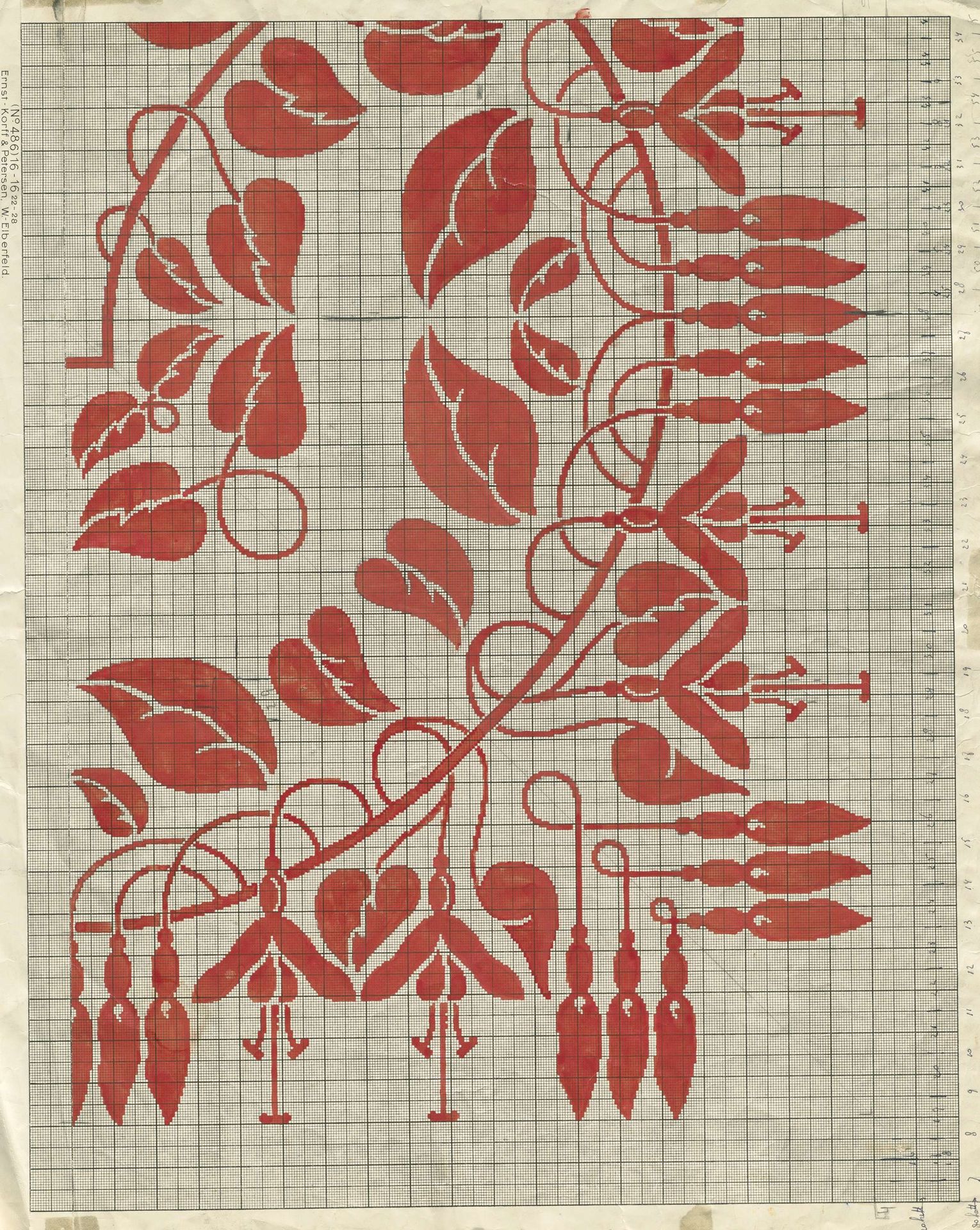 Patroontekening voor een damasten tafellaken met dessin "Fuchsia" en monogram RIL (Royal Interocean Lines) by Cornelis van der Sluys