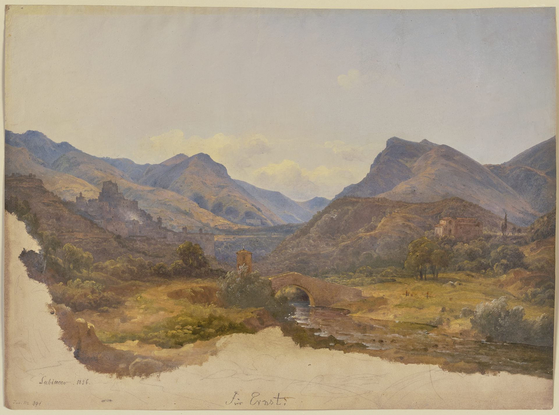 Ansicht von Subiaco, im Vordergrund eine Brücke by Carl Morgenstern
