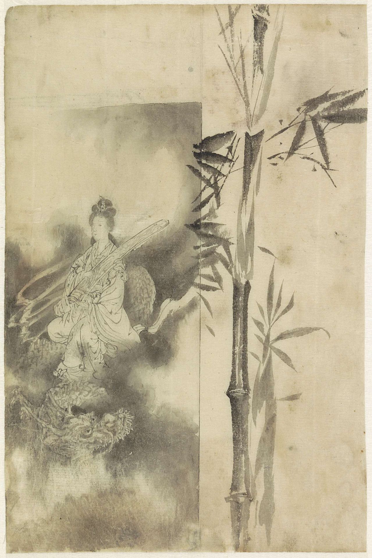 Tronende godin op een draak en bamboestengel by Yamamoto Baiitsu