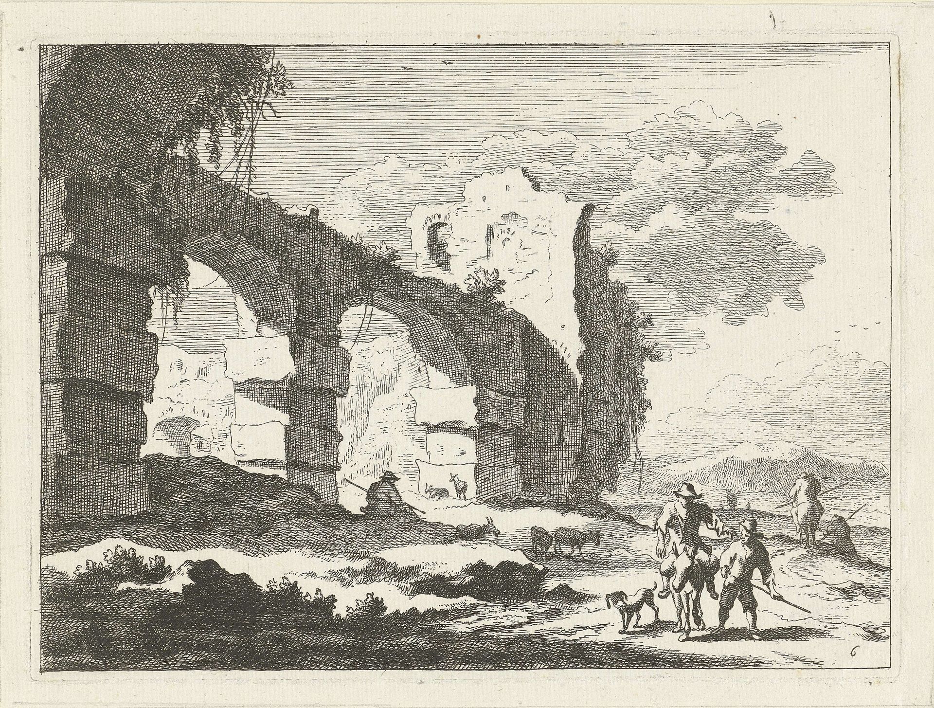 Landschap met ruïne en herder op ezel by Johannes Gronsveld