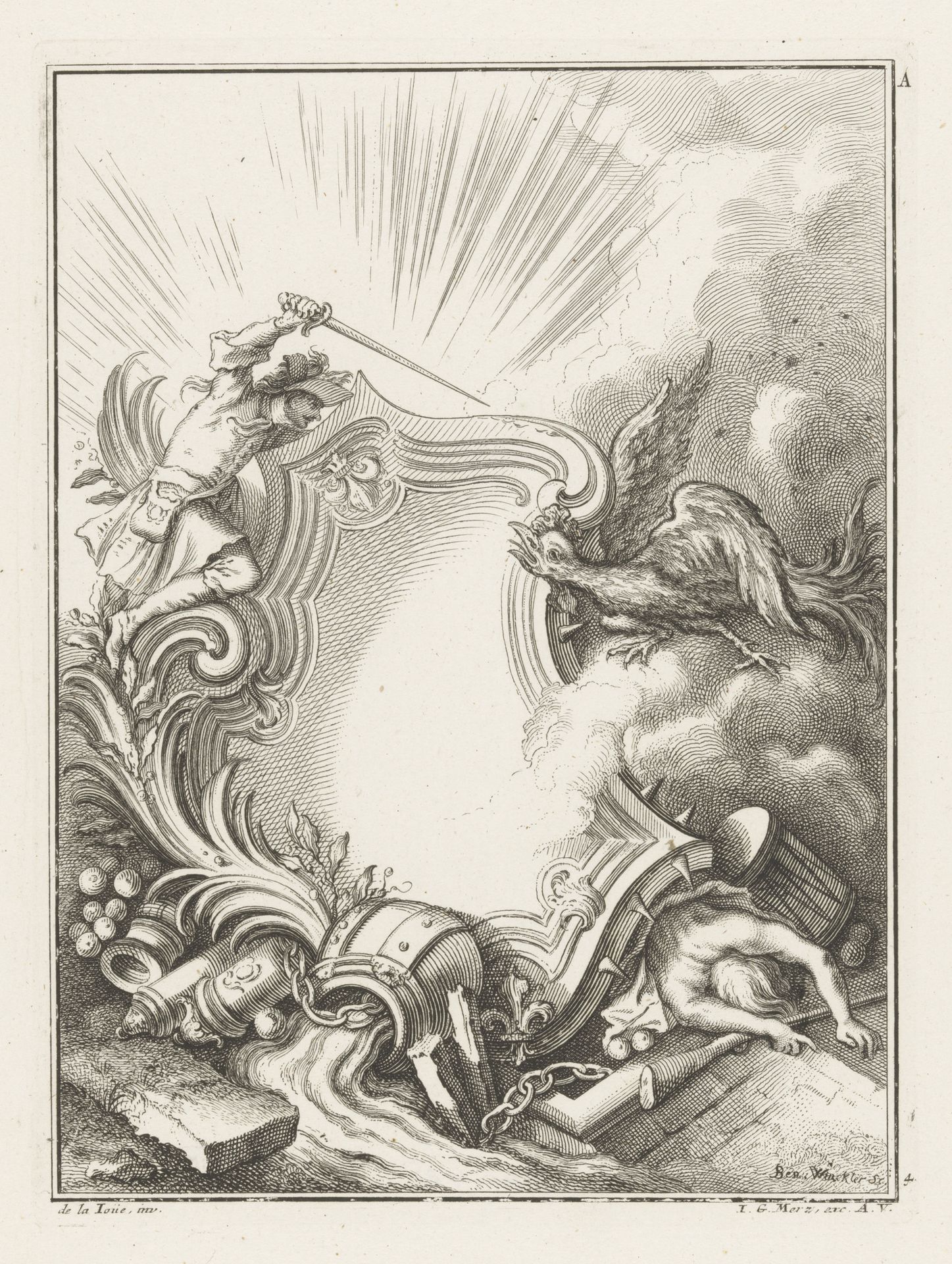 Cartouche met man met zwaard en vogel by Benedikt Winkler