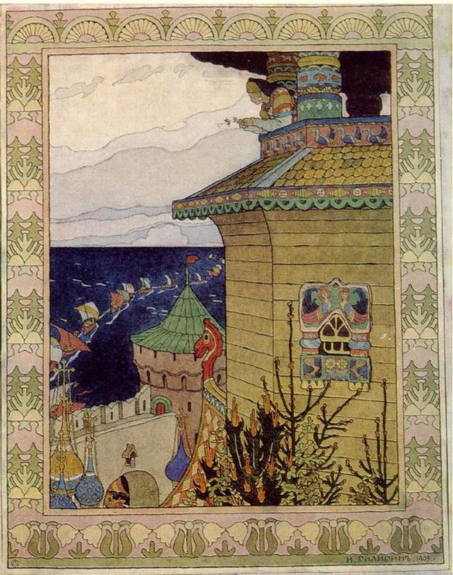 Princess in the prison tower. Illustration of the Russian fairy tale "The White duck" by Ivan Bilibin