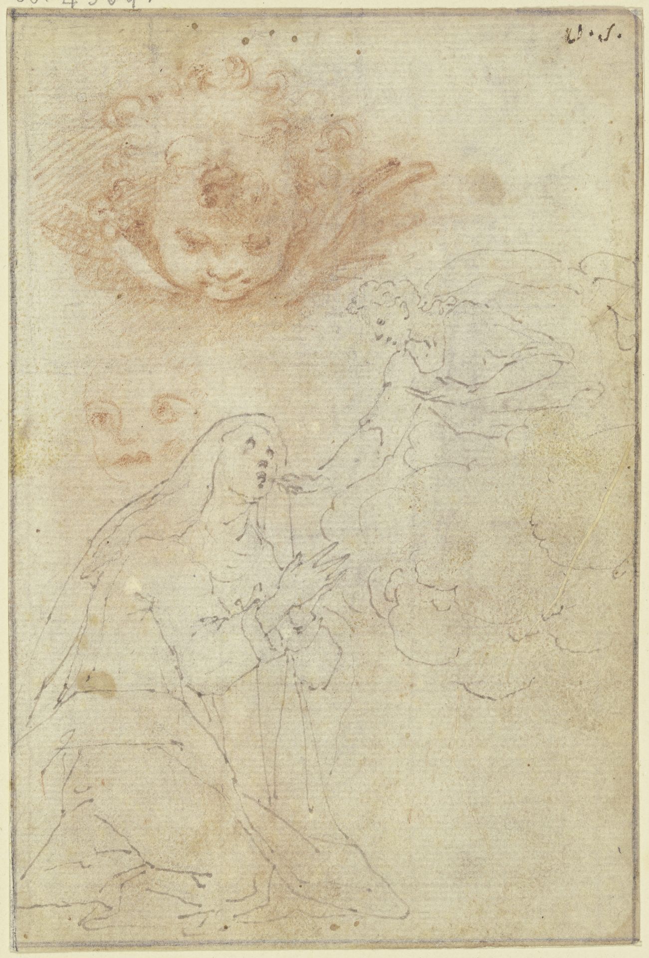 Studienblatt mit einer Nonne, die von einem Heiligen in Wolken das Sakrament empfängt, darüber ein Engelskopf wowie ein Gesicht by Ventura Salimbeni