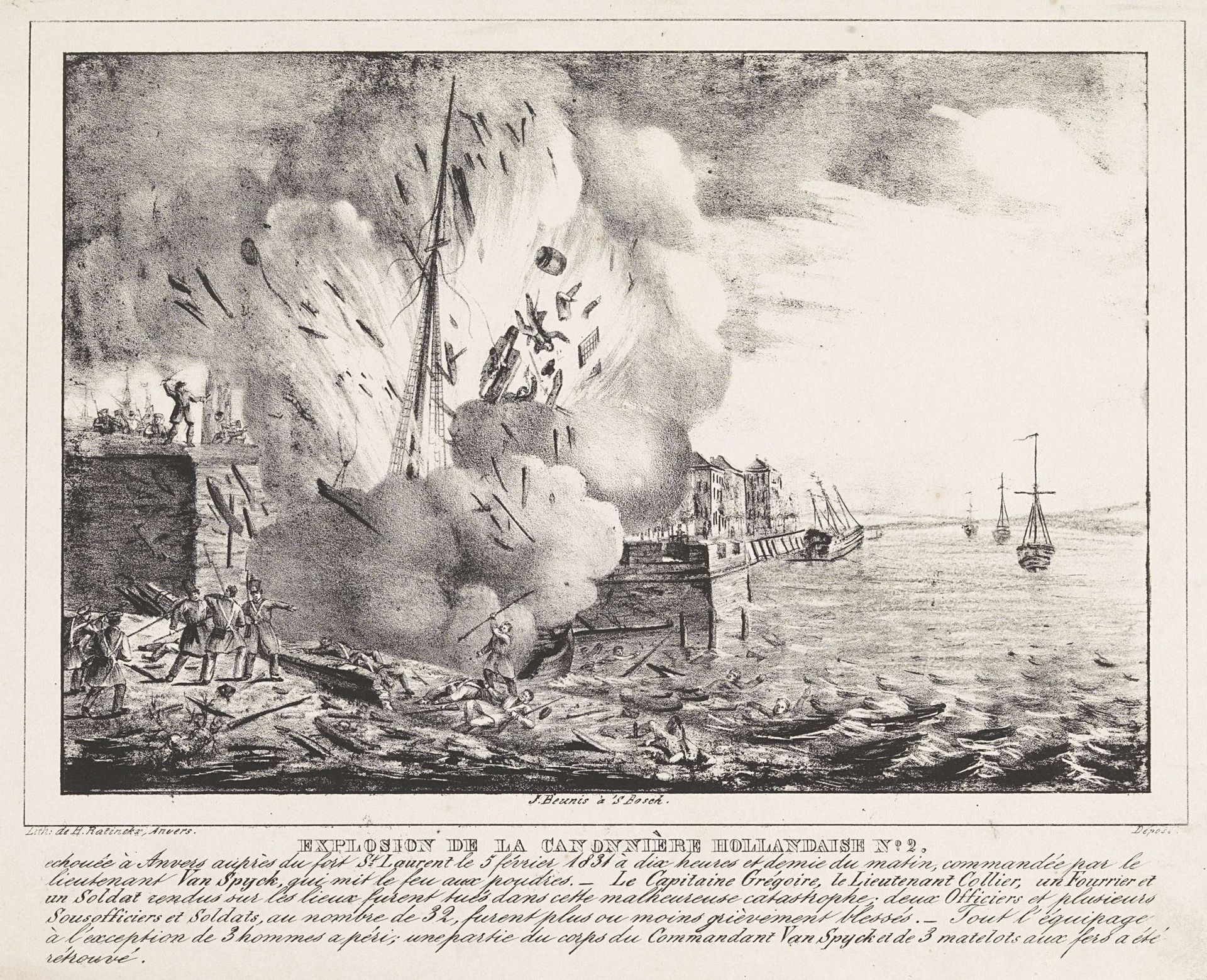 Ontploffing kanonneerboot van Jan van Speijk by Johannes Beunis