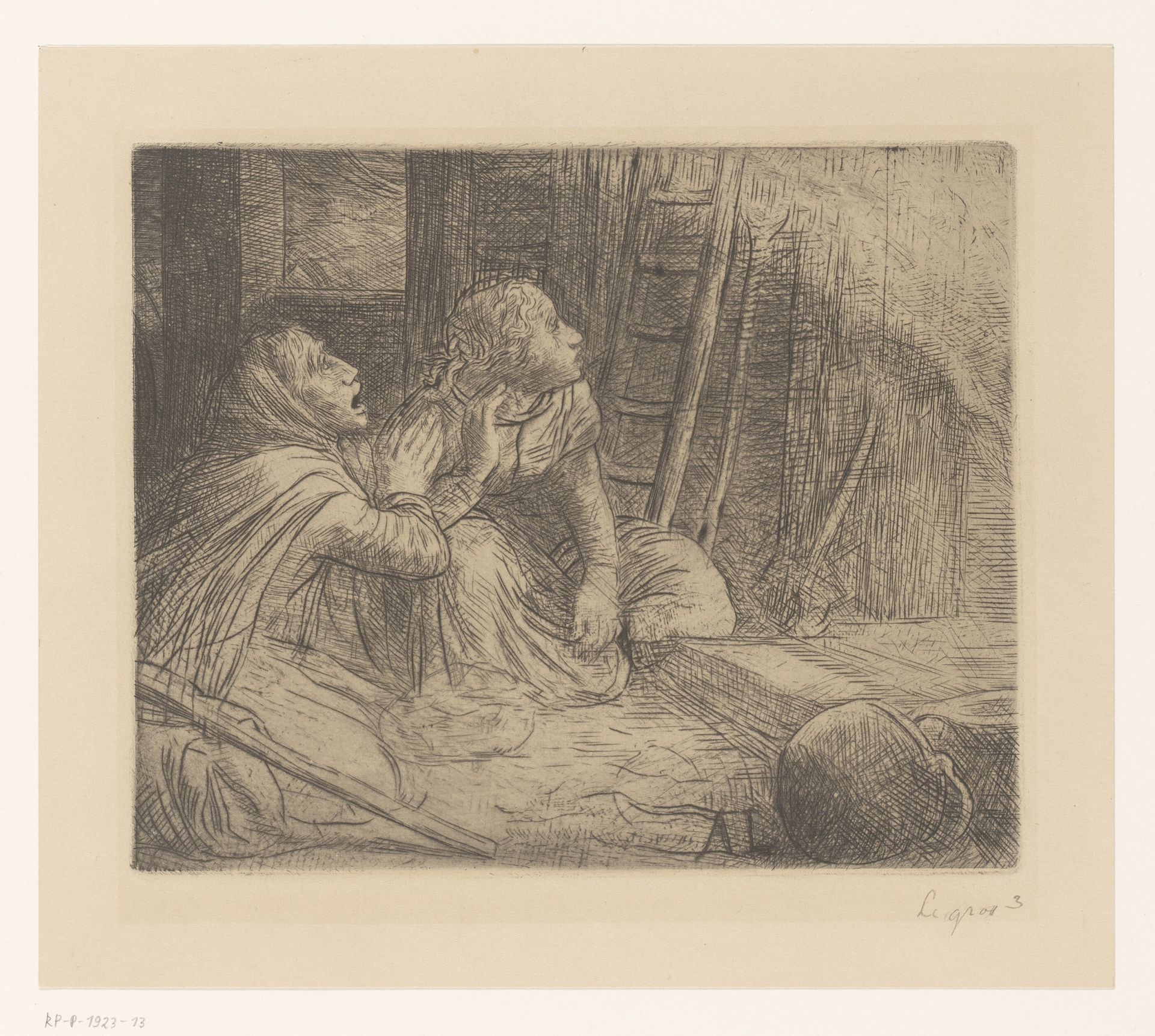 Twee opkijkende geknielde vrouwen by Alphonse Legros