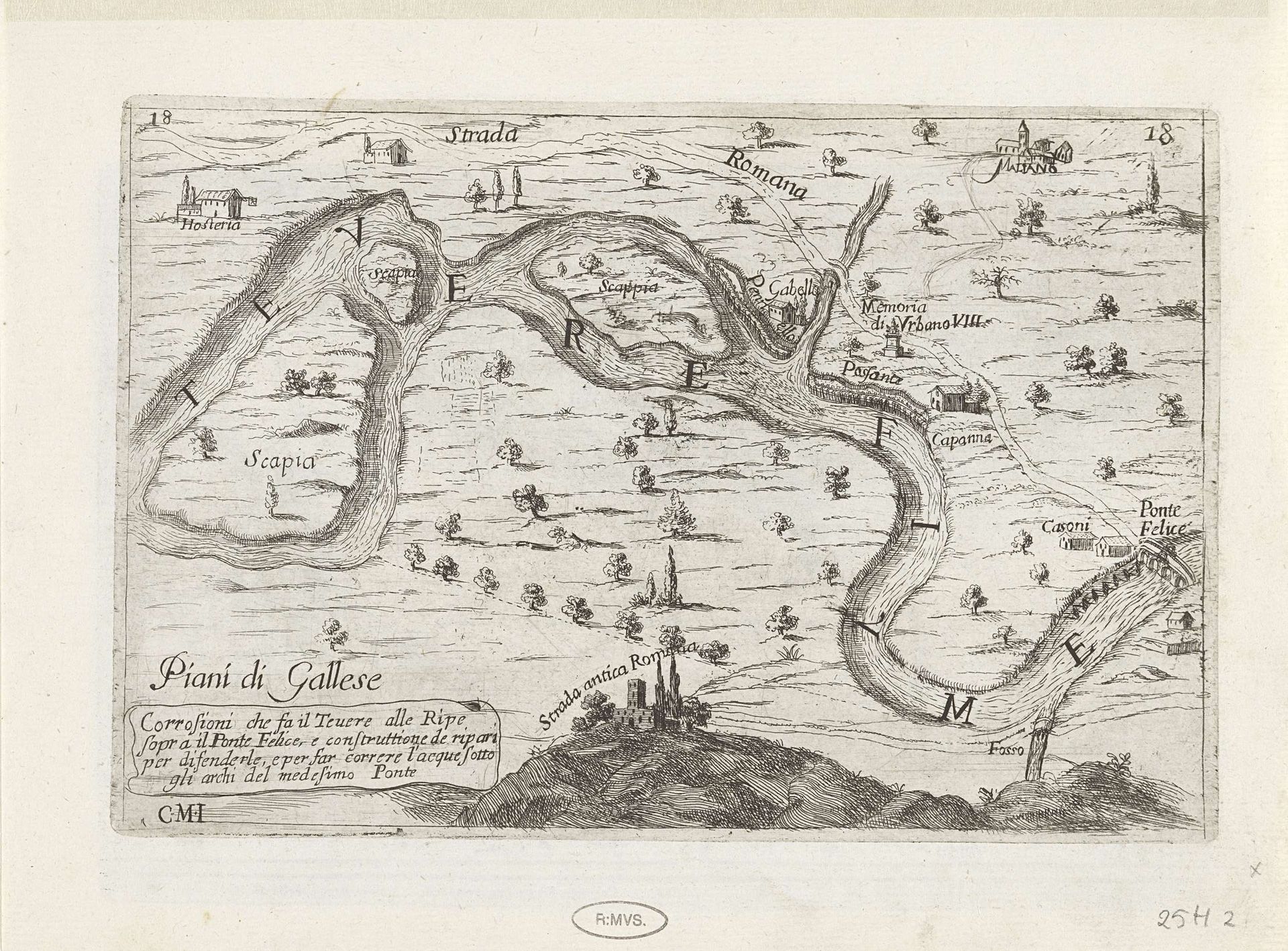 Kaart met loop van de Tiber by Anonymous