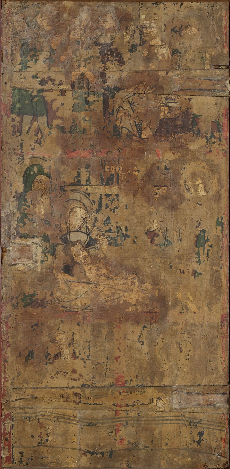 Christ before Pilate, Lamentation, female Saint and holy Bishop (Augustine_) (painted surface heavily damaged) by Anonymous