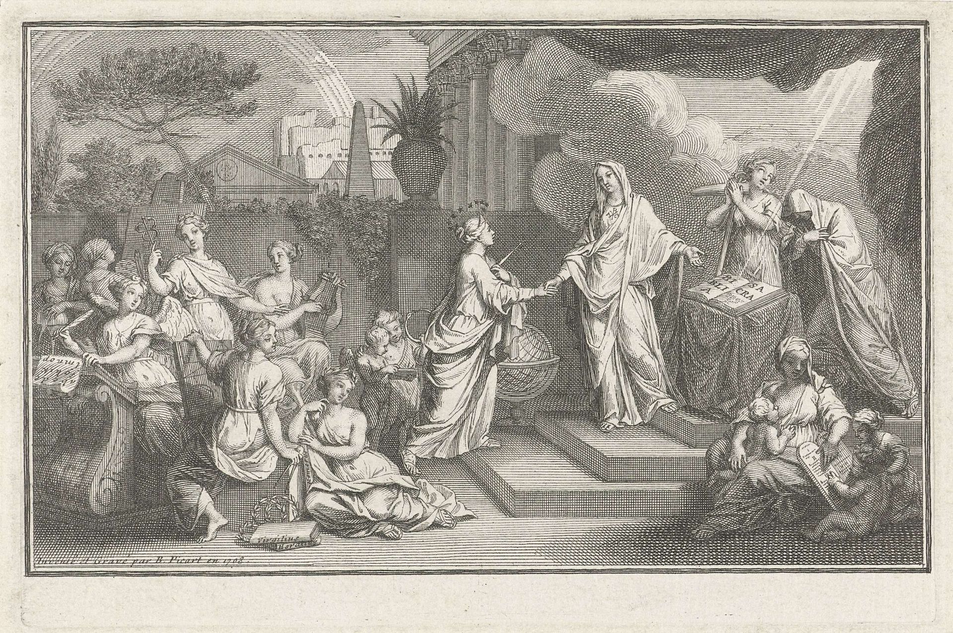 Allegorische voorstelling van de overeenkomst tussen religie en filosofie, of het geloof en de rede by Bernard Picart