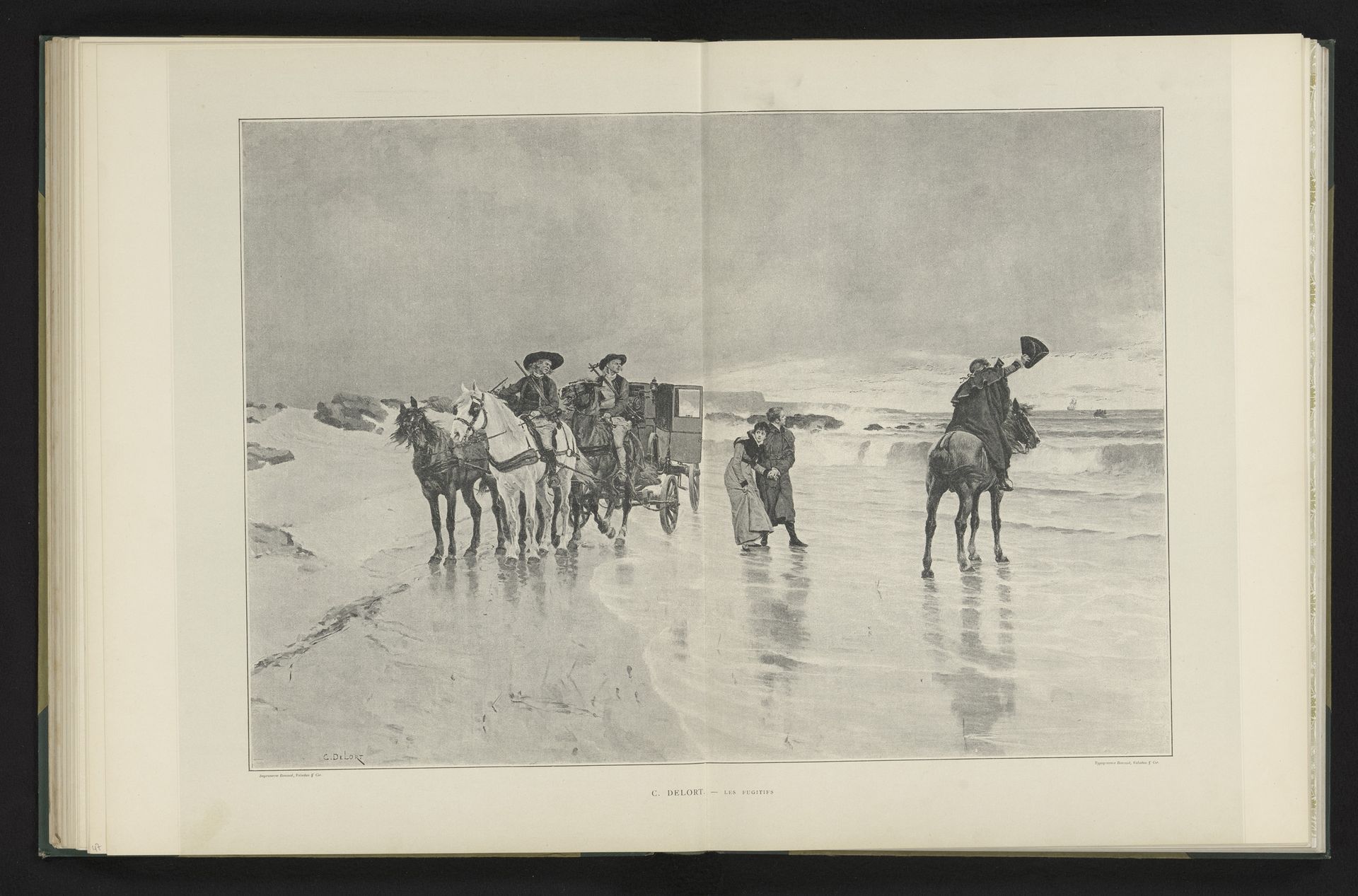 Reproductie van een schilderij van vluchtende mensen op het strand door Charles Edouard Delort by Anonymous