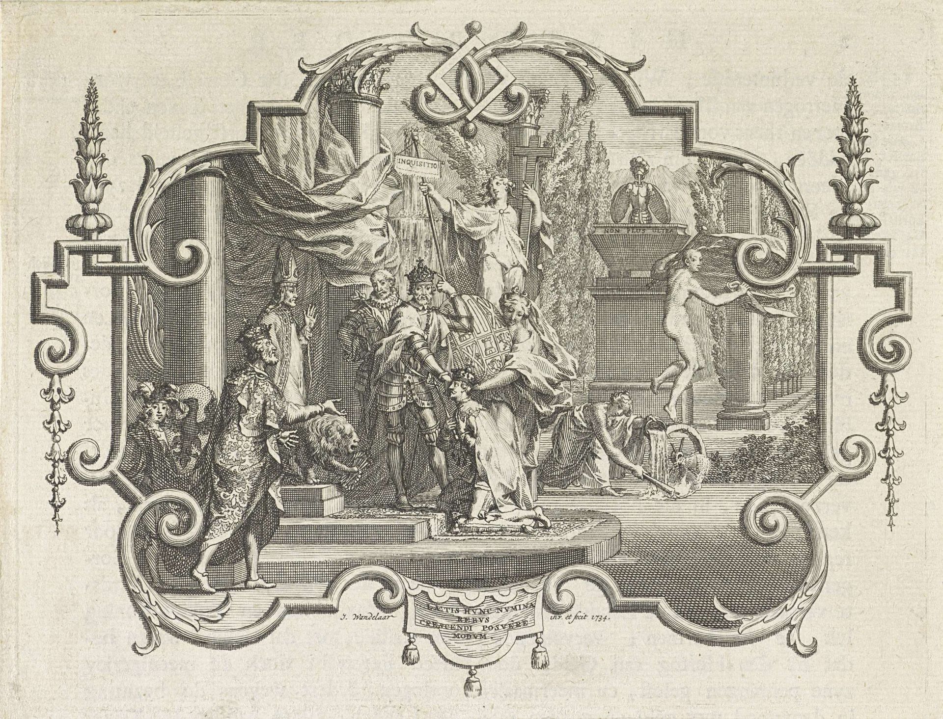 Vignet met allegorie op de troonsafstand van Karel V by Jan Wandelaar