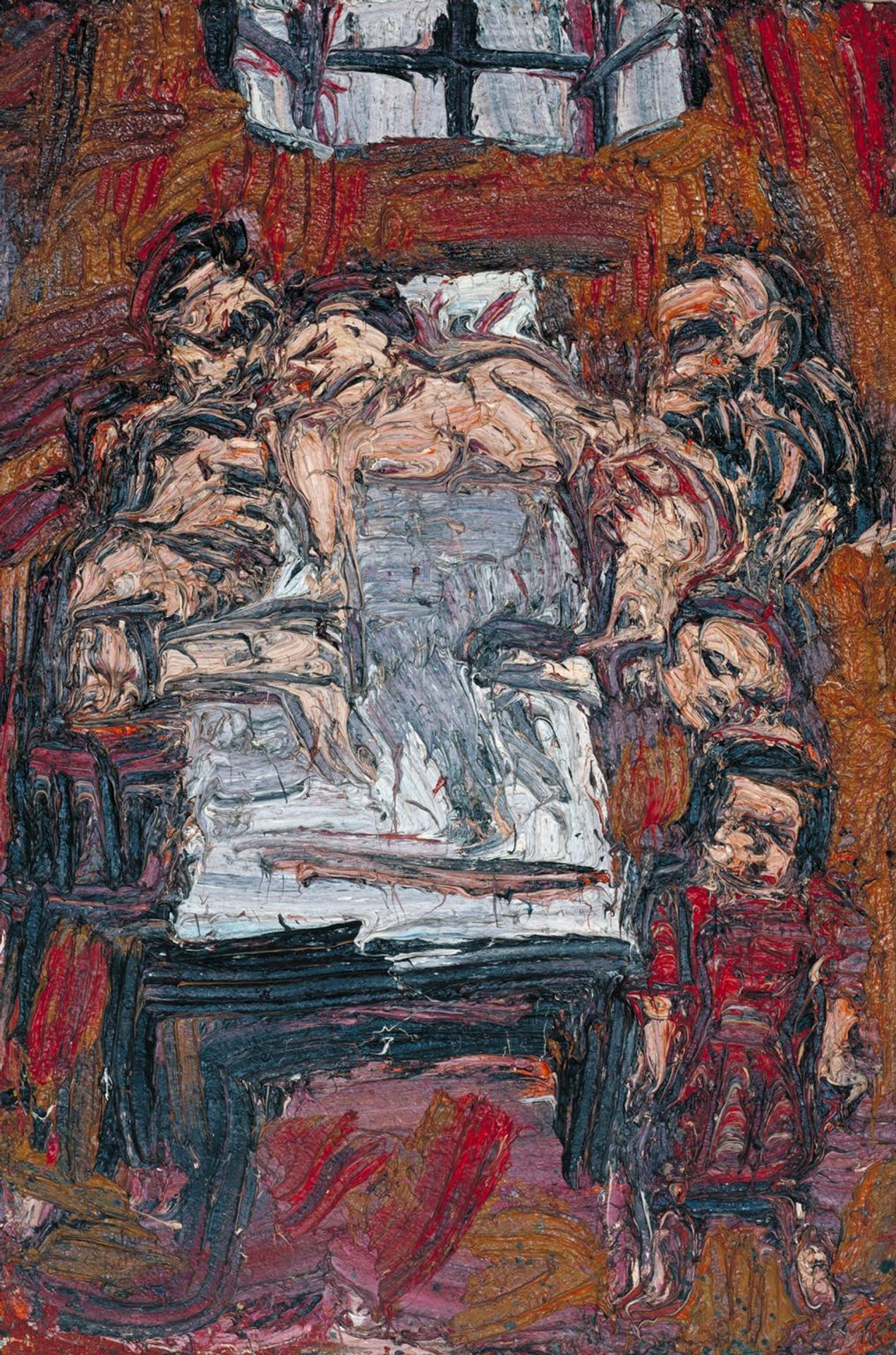 Woman Ill in Bed, Surrounded by Family by Leon Kossoff