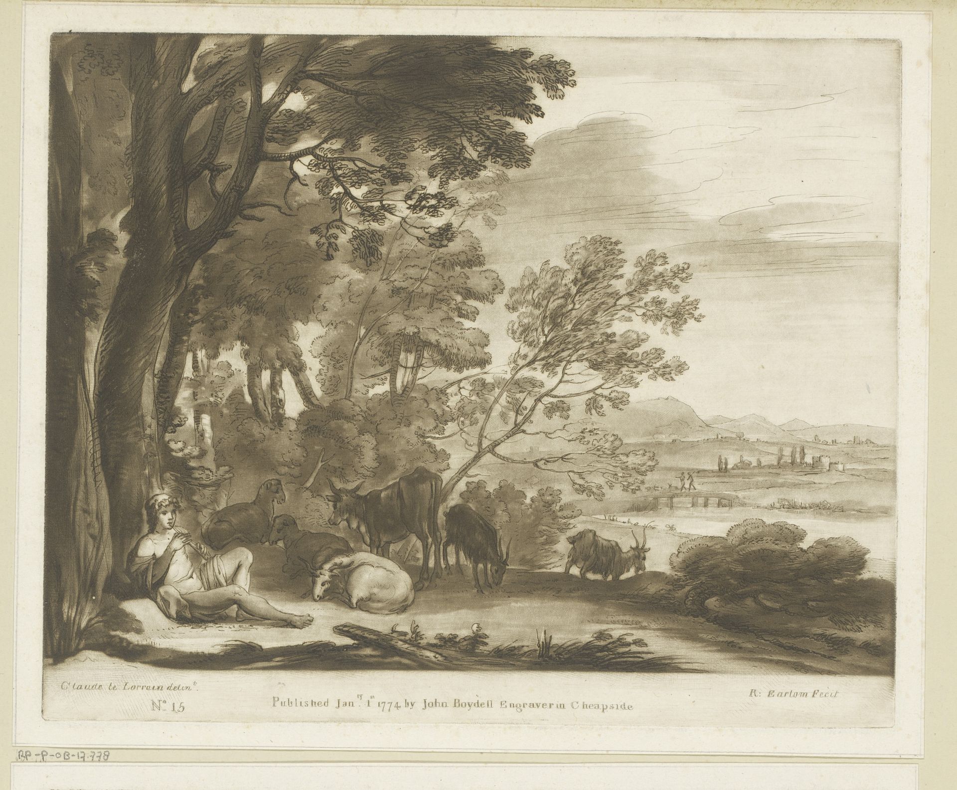 Landschap met fluitspelende herder onder boom en zes stuks vee by Richard Earlom