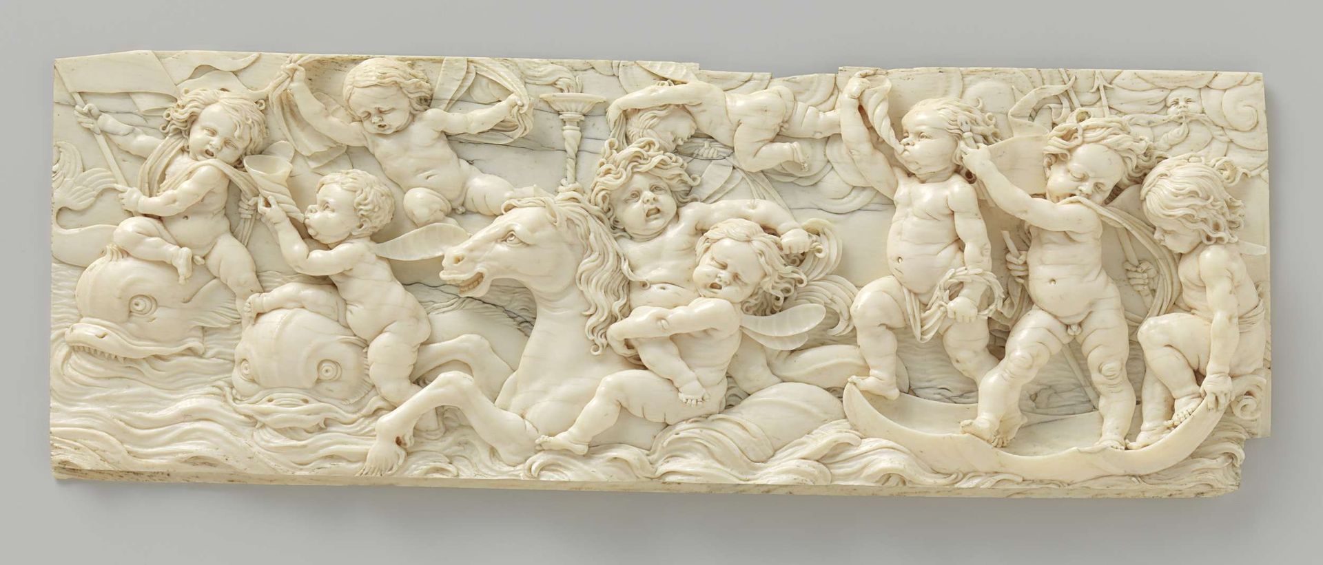 Seashell Boat with Infant Sea Nymphs Drawn by a Hippocamp and Dolphins by Meester van de Sebastiaansmartyriën