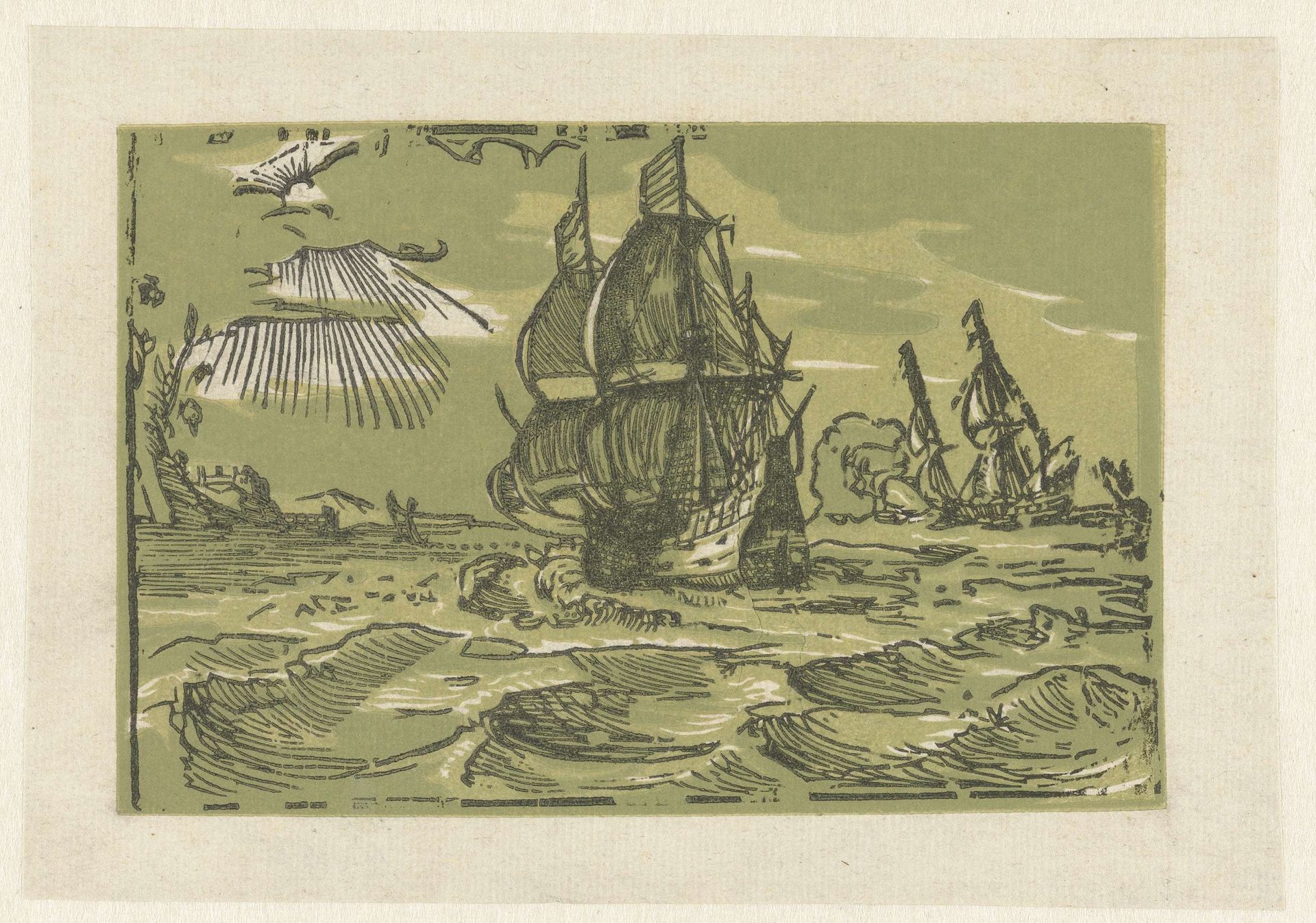 Schepen voor een kust by Hendrick Goltzius