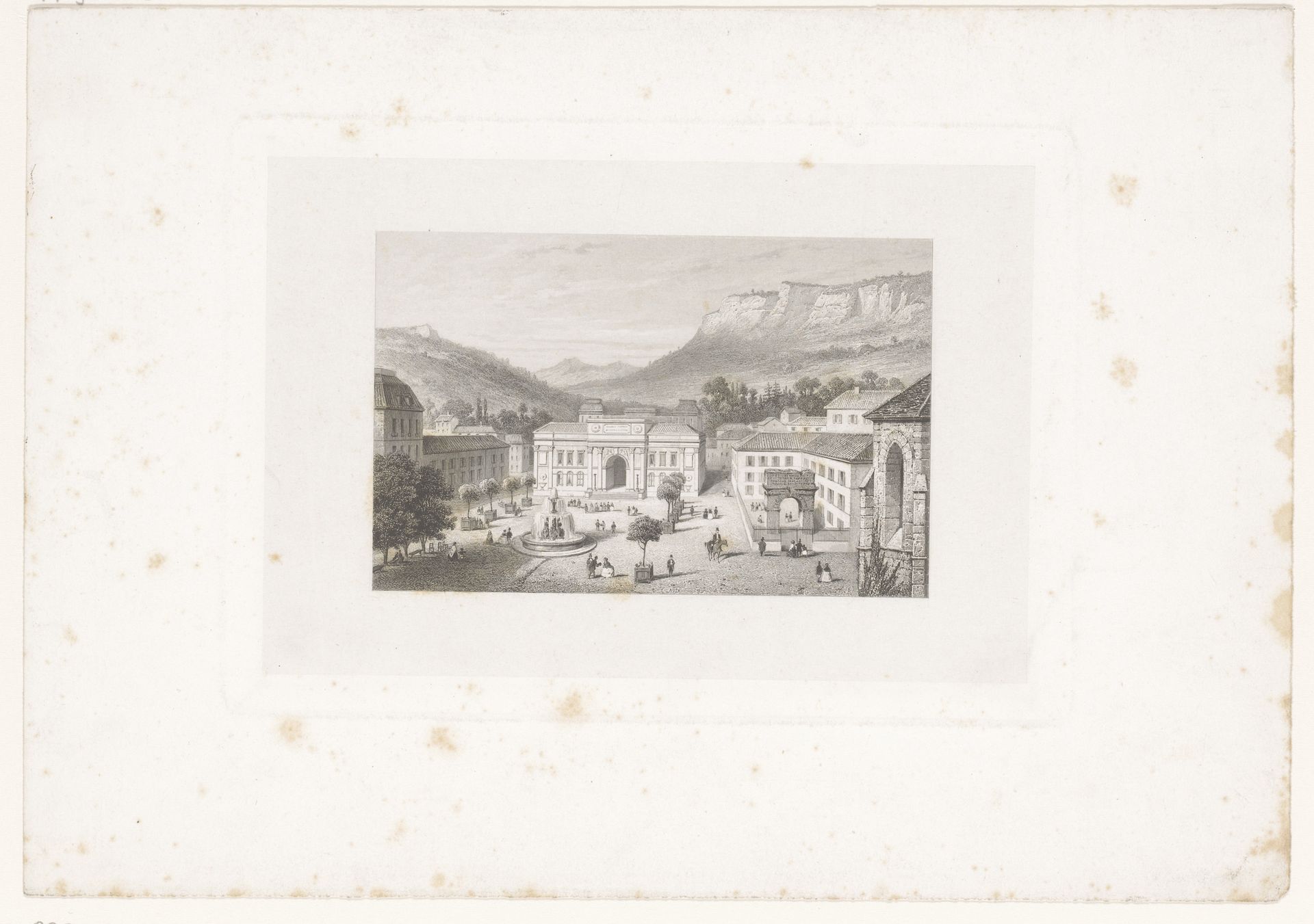 Stadsplein met fontein gelegen in een berglandschap by Auguste Numans