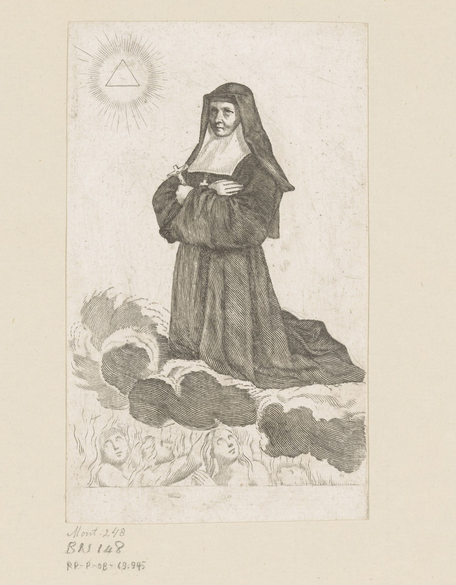 Johanna Francisca de Chantal geknield op wolken by Claude Mellan