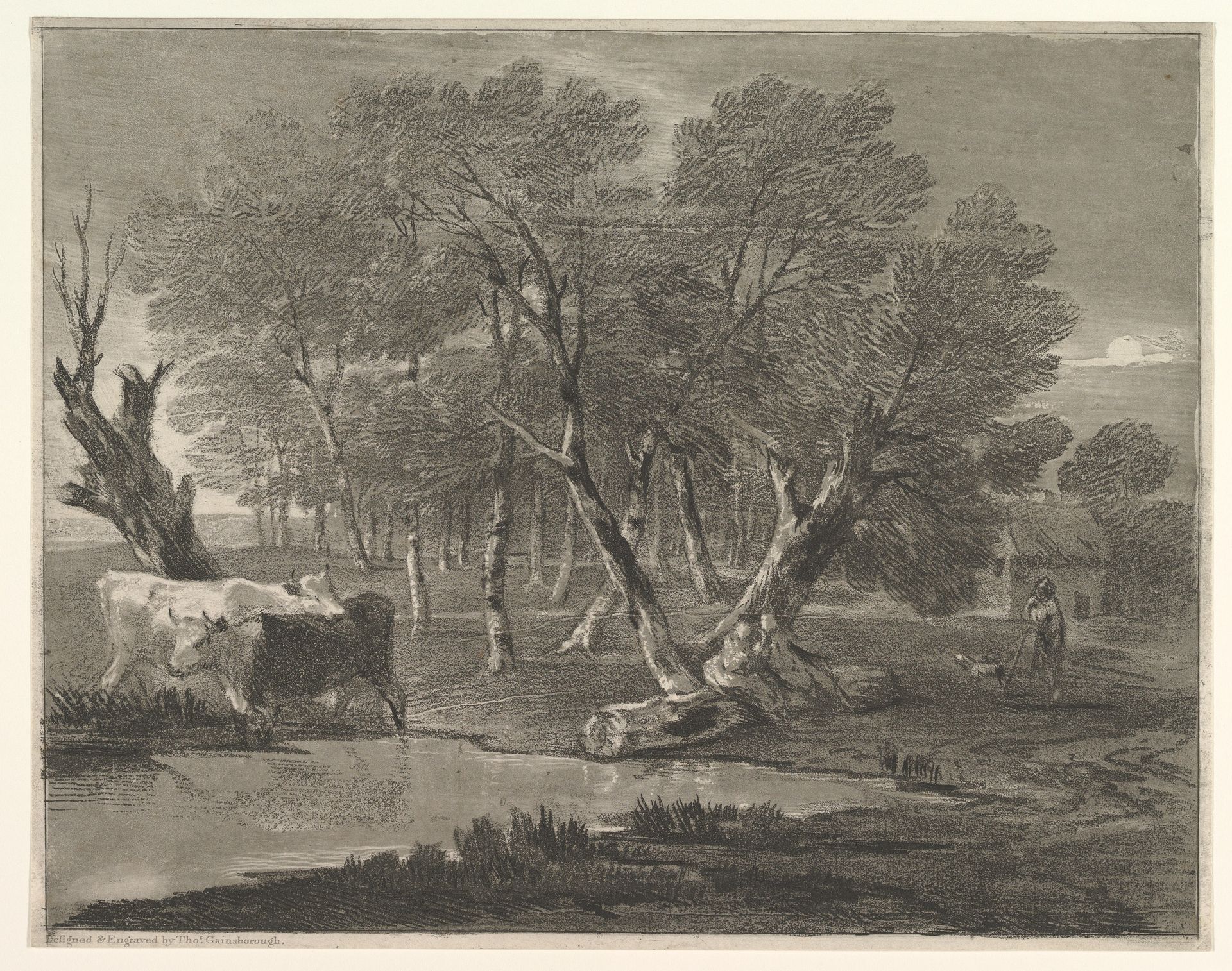 Wooded Landscape with Cows beside a Pool, Figures and Cottage by Thomas Gainsborough