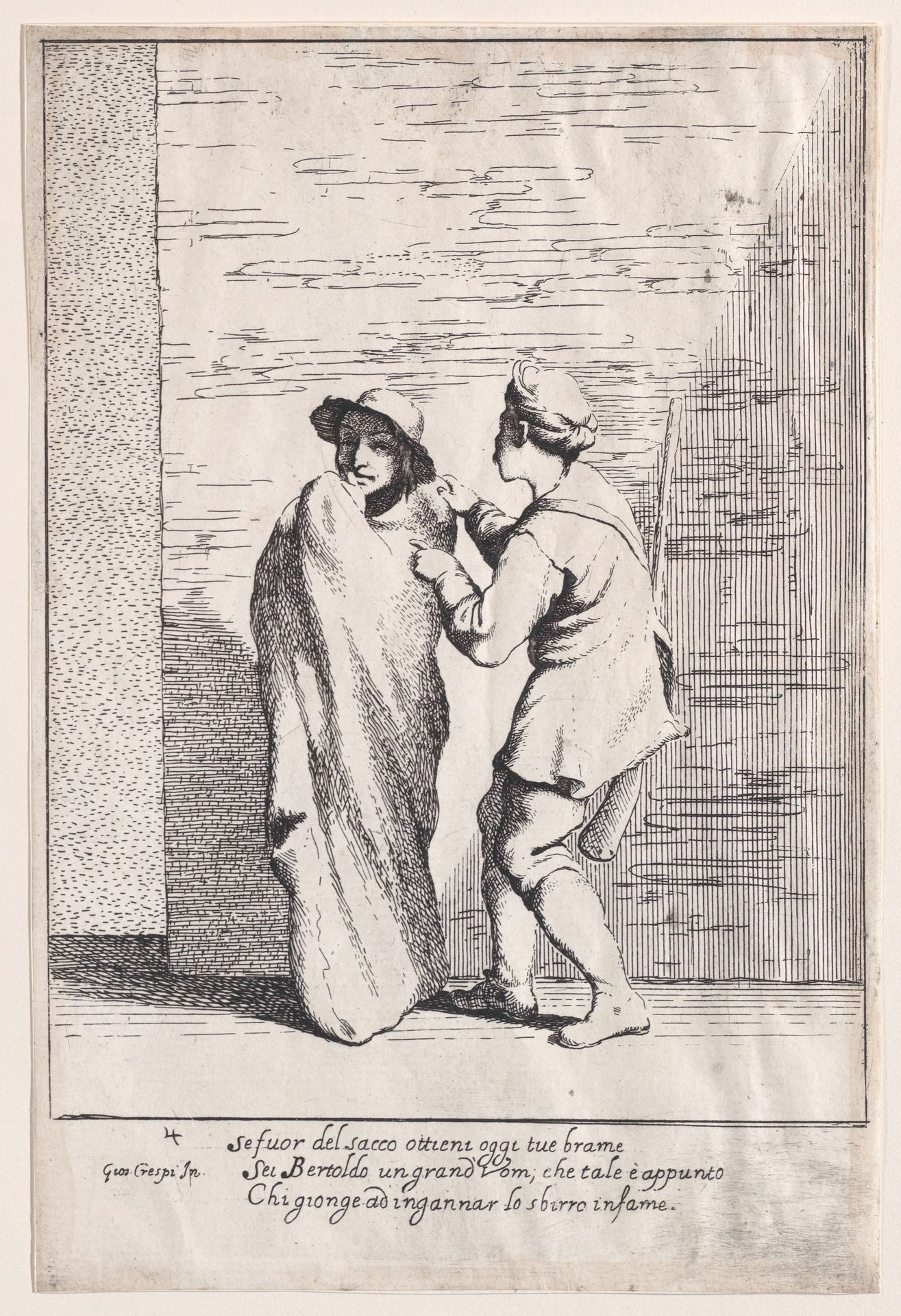 Plate 4: Bertoldo stuffed in a sack, from "Bertoldo, Bertoldino, and Cacasenno" by Giuseppe Maria Crespi