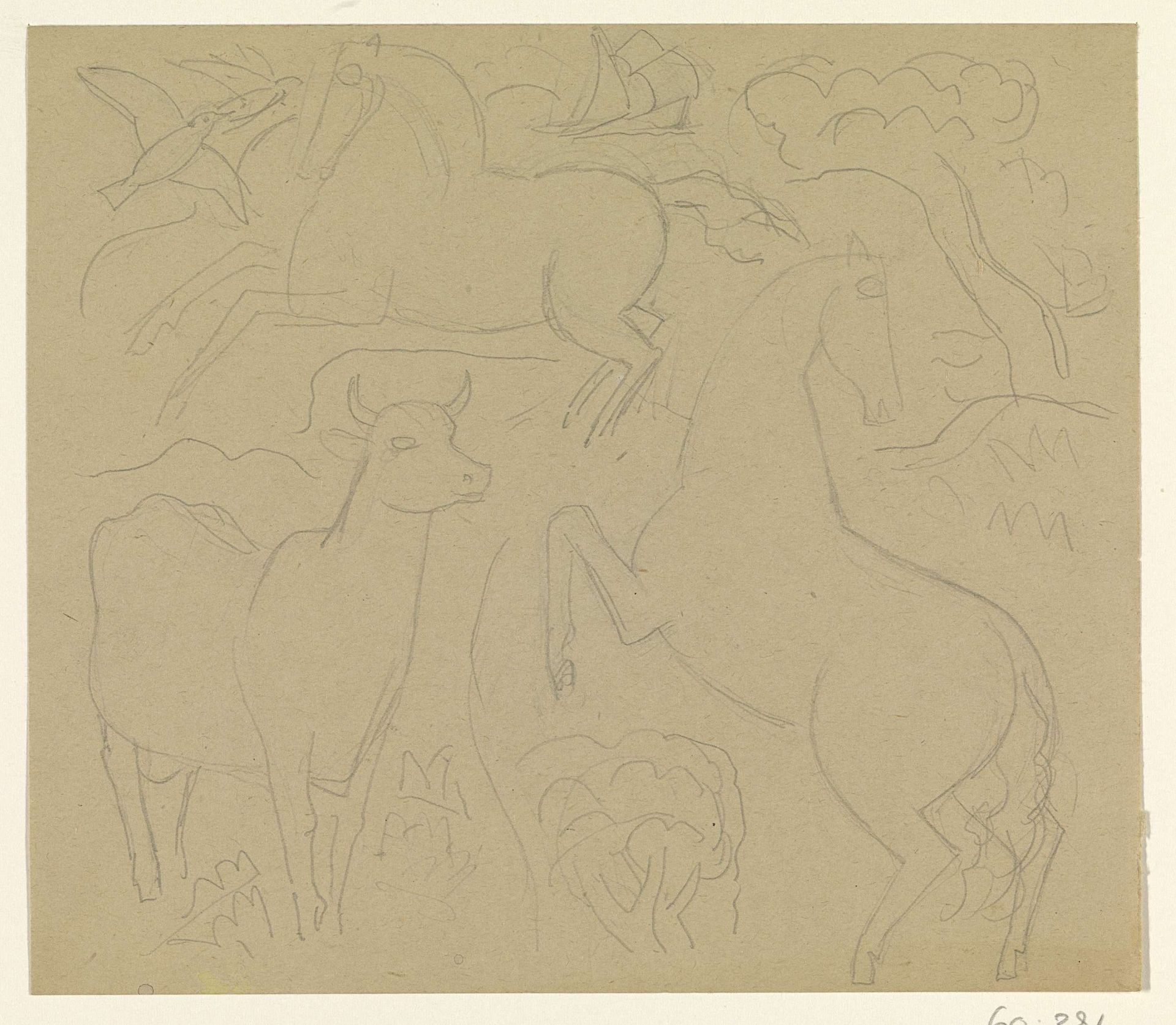 Paarden en een koe by Leo Gestel