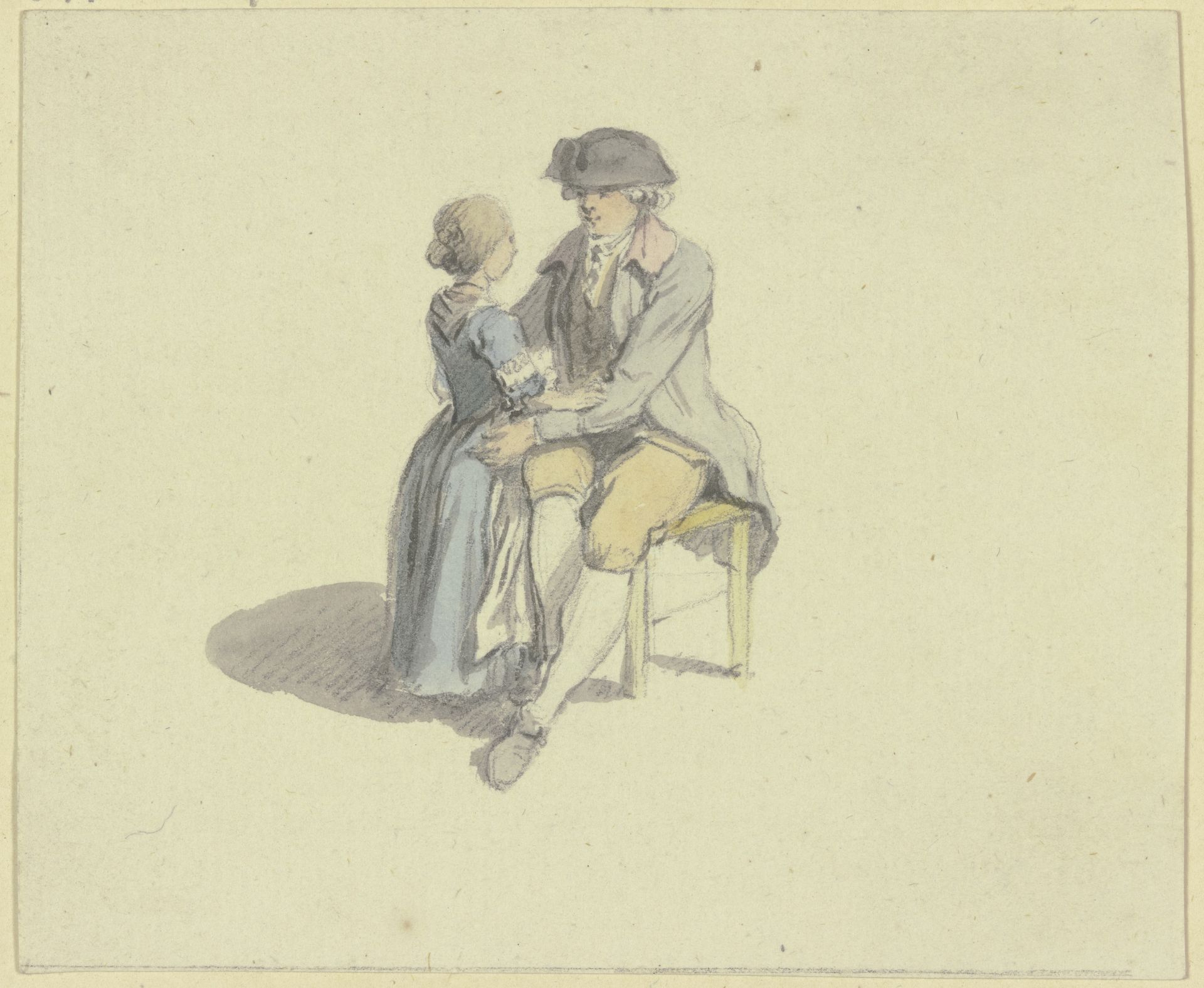 Ein Mann auf einem Stuhl sitzend in Unterhaltung mit einem Mädchen by Johann Ludwig Aberli