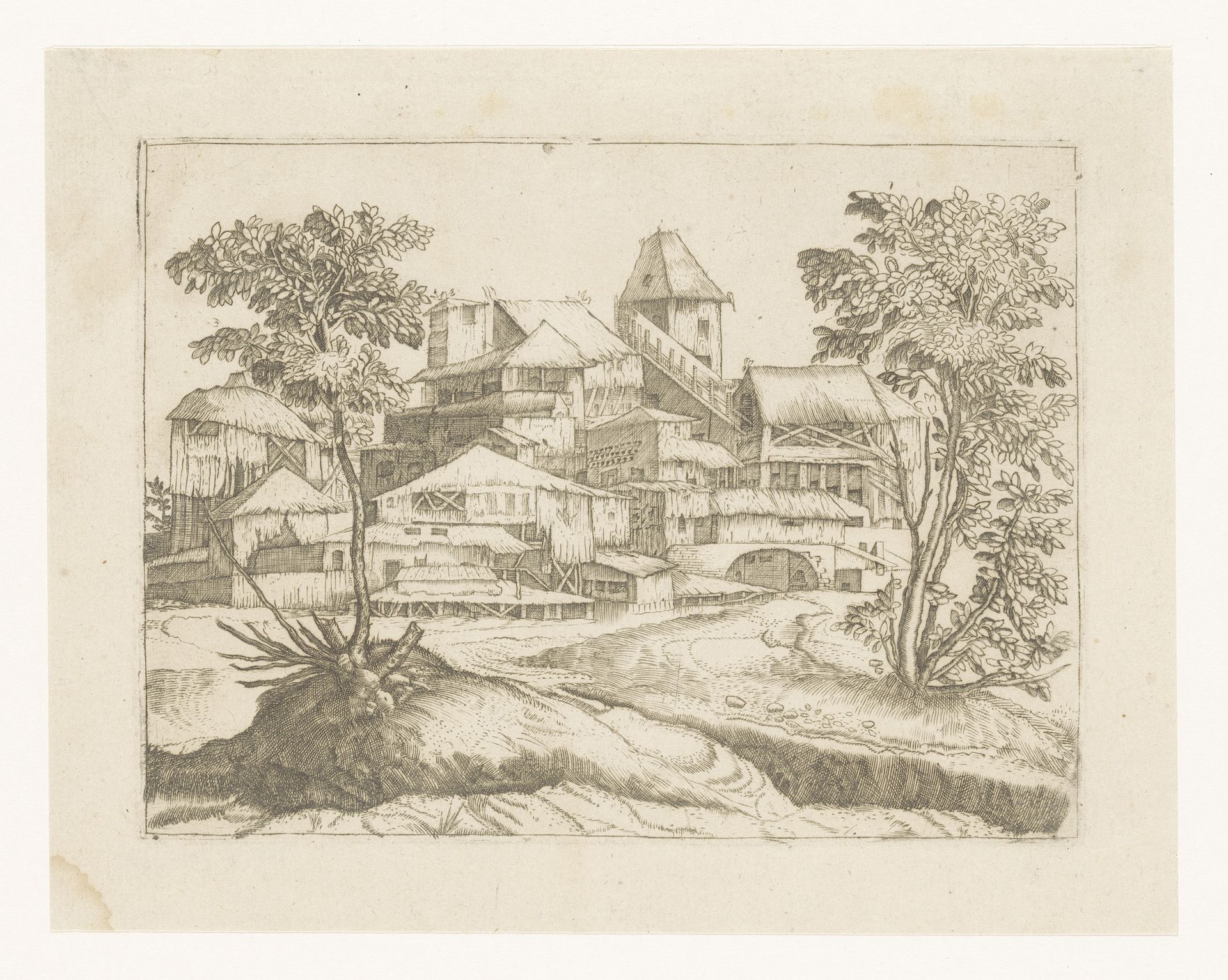 Landschap met bomen en bouwwerken by Anonymous